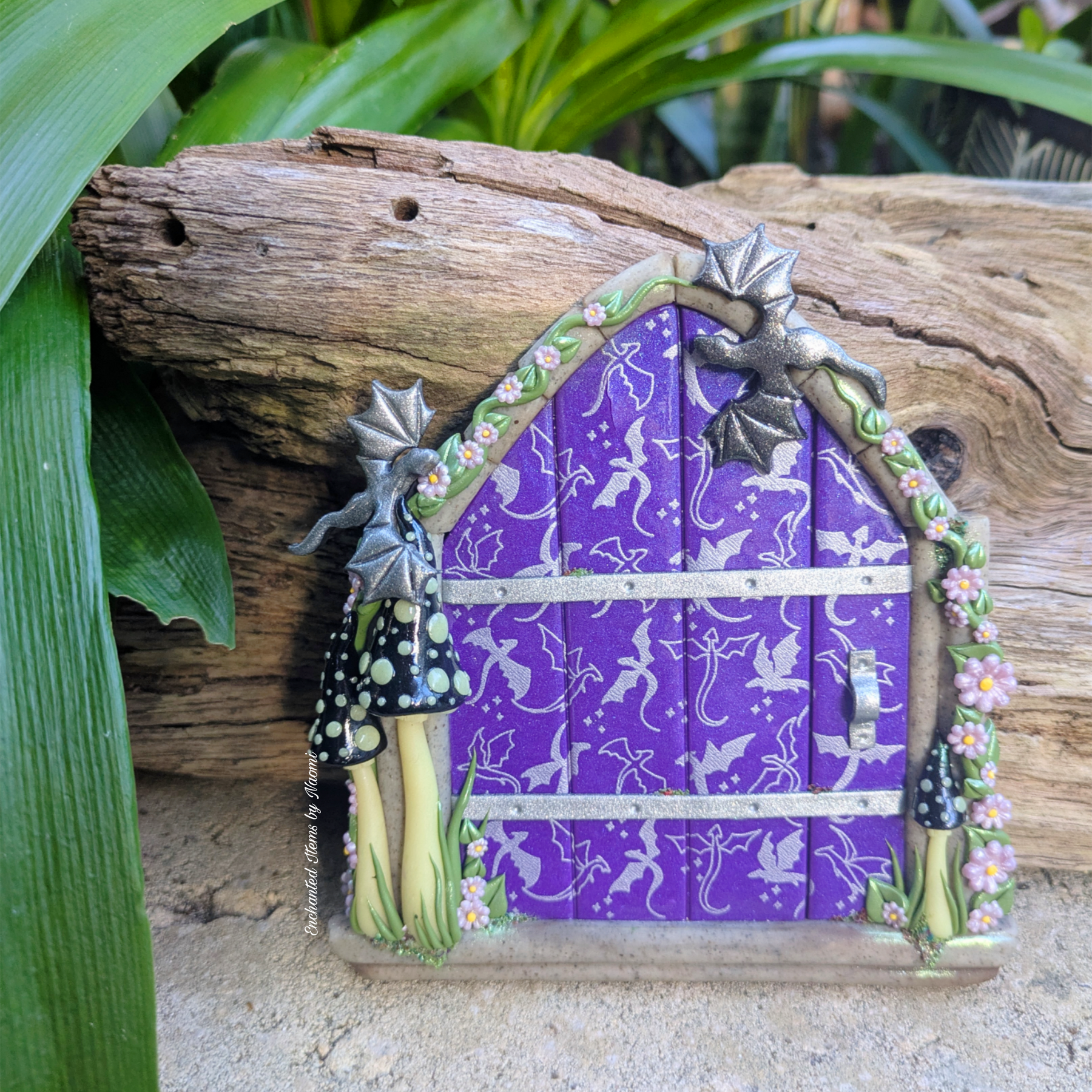 Hand Sculpted Purple and Silver Dragon Fairy Door