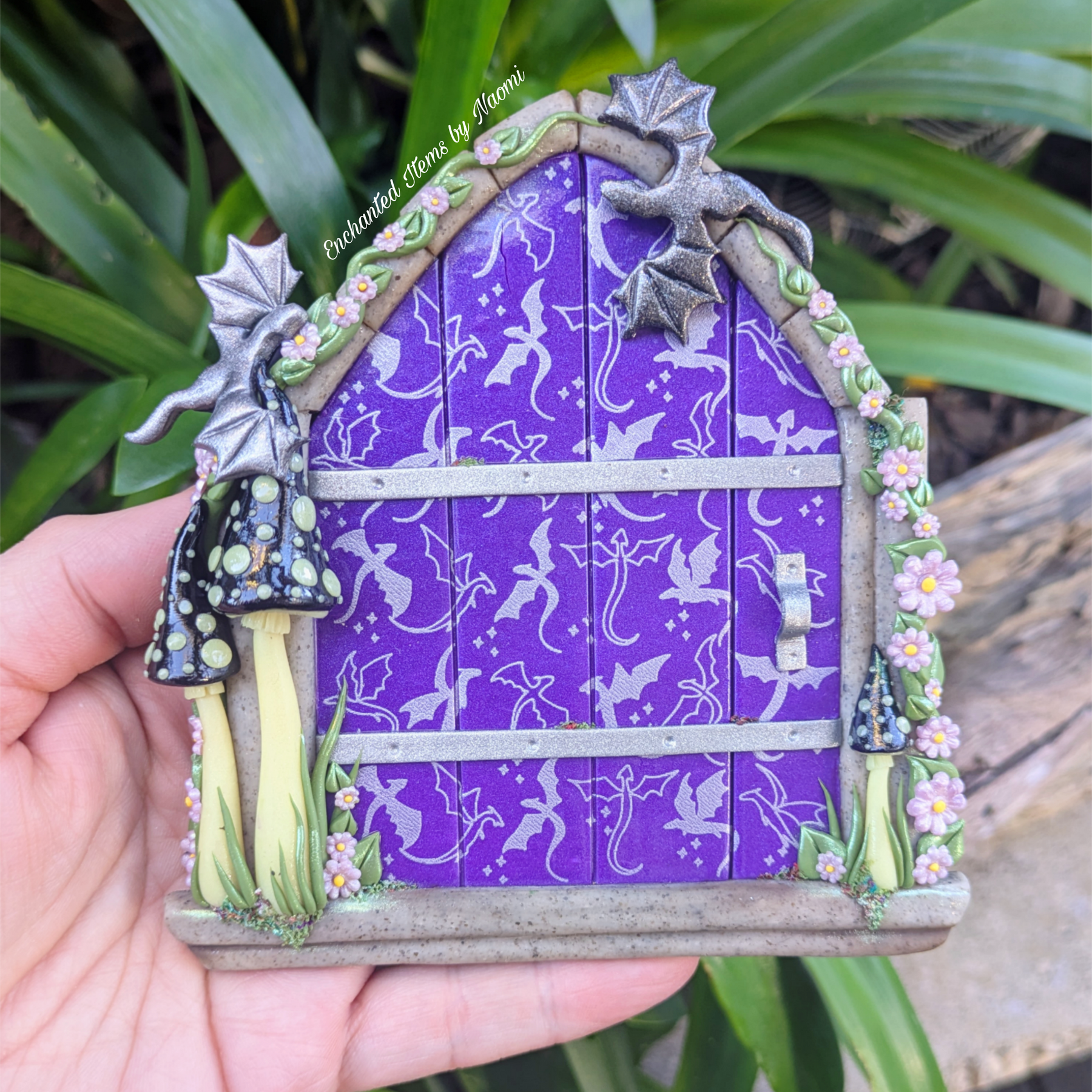 Hand Sculpted Purple and Silver Dragon Fairy Door