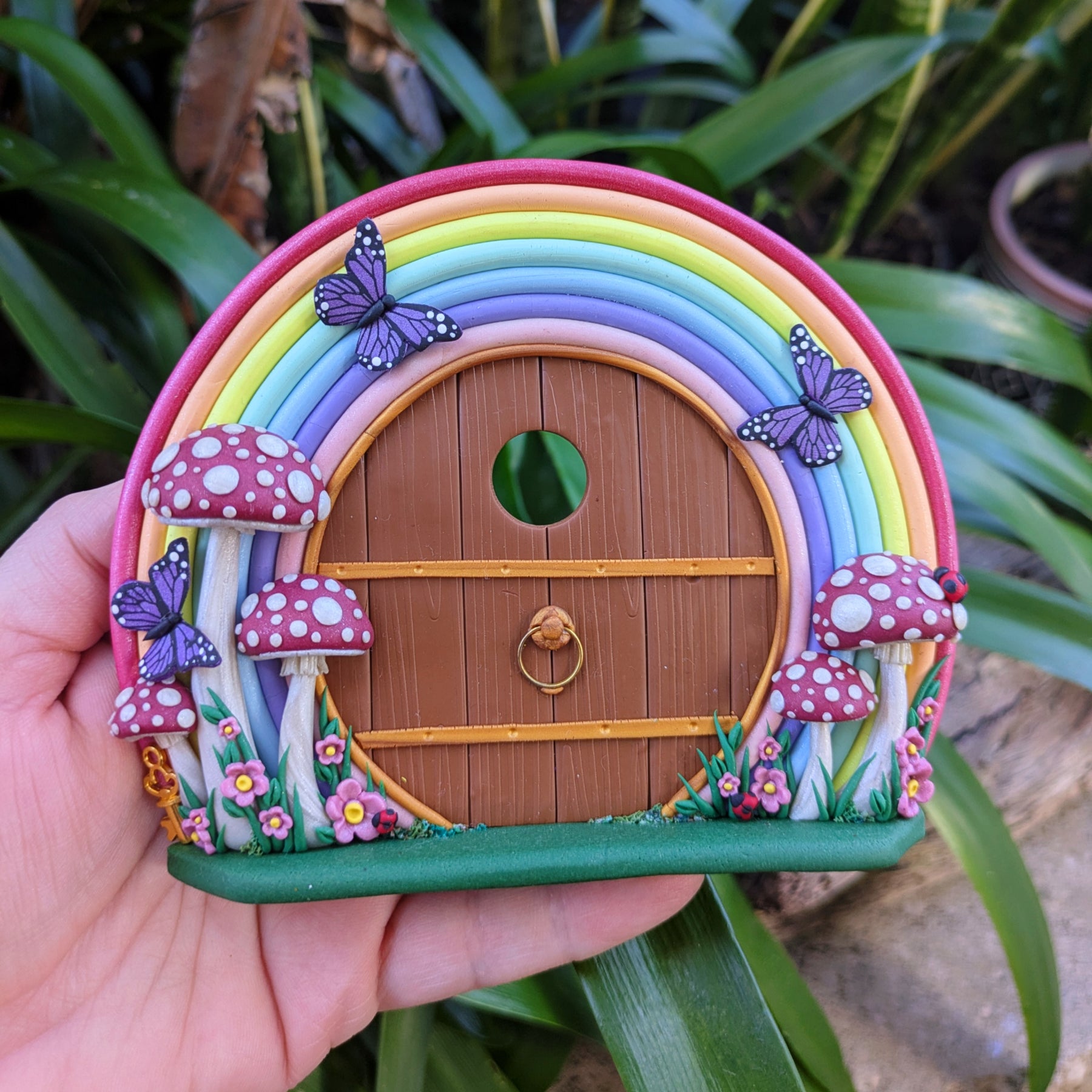 Hand Sculpted Rainbow Fairy Door with Butterflies & Toadstools