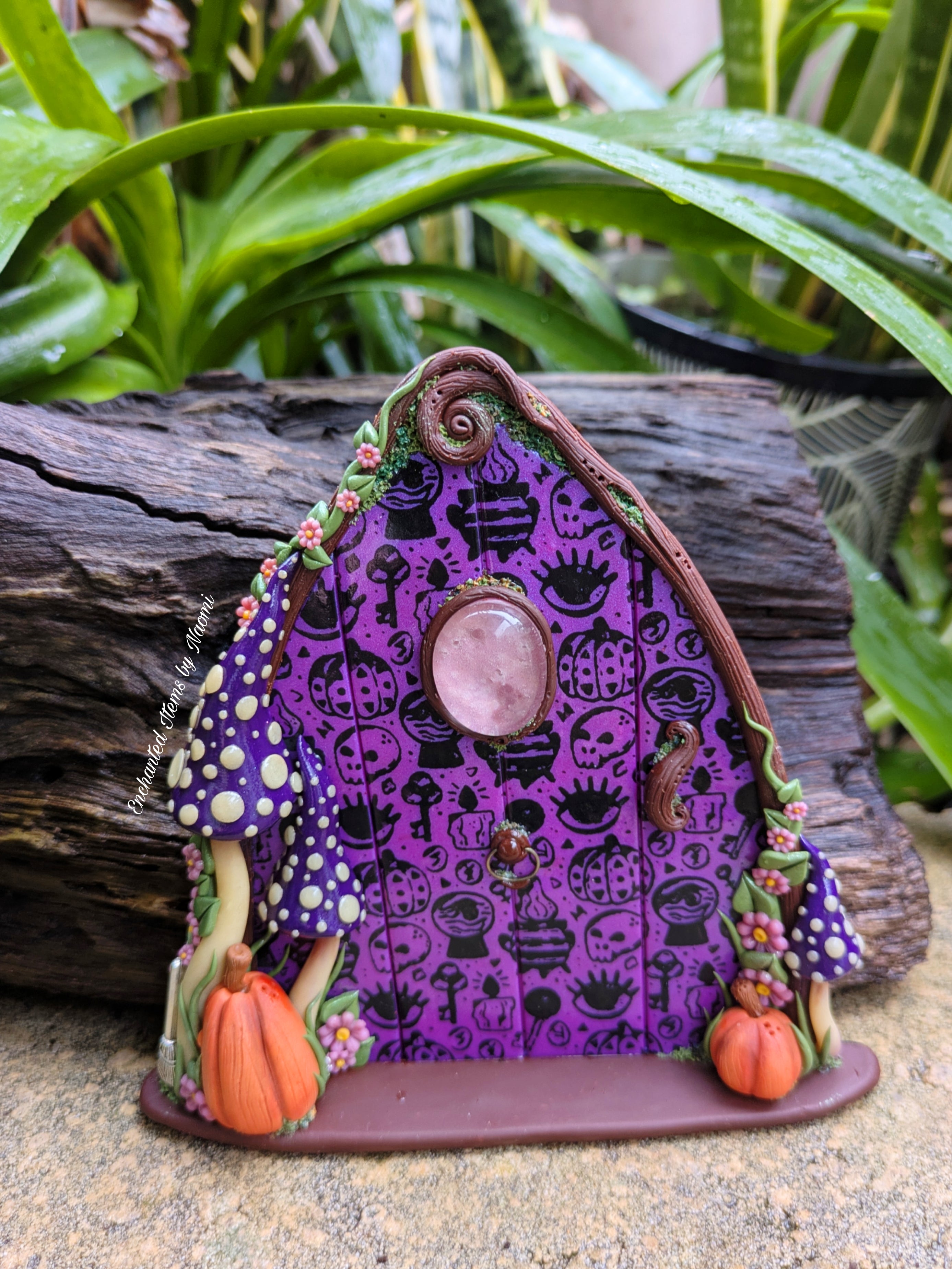 Hand Sculpted Mystics Fairy Door with Glow-in-the-Dark Mushrooms