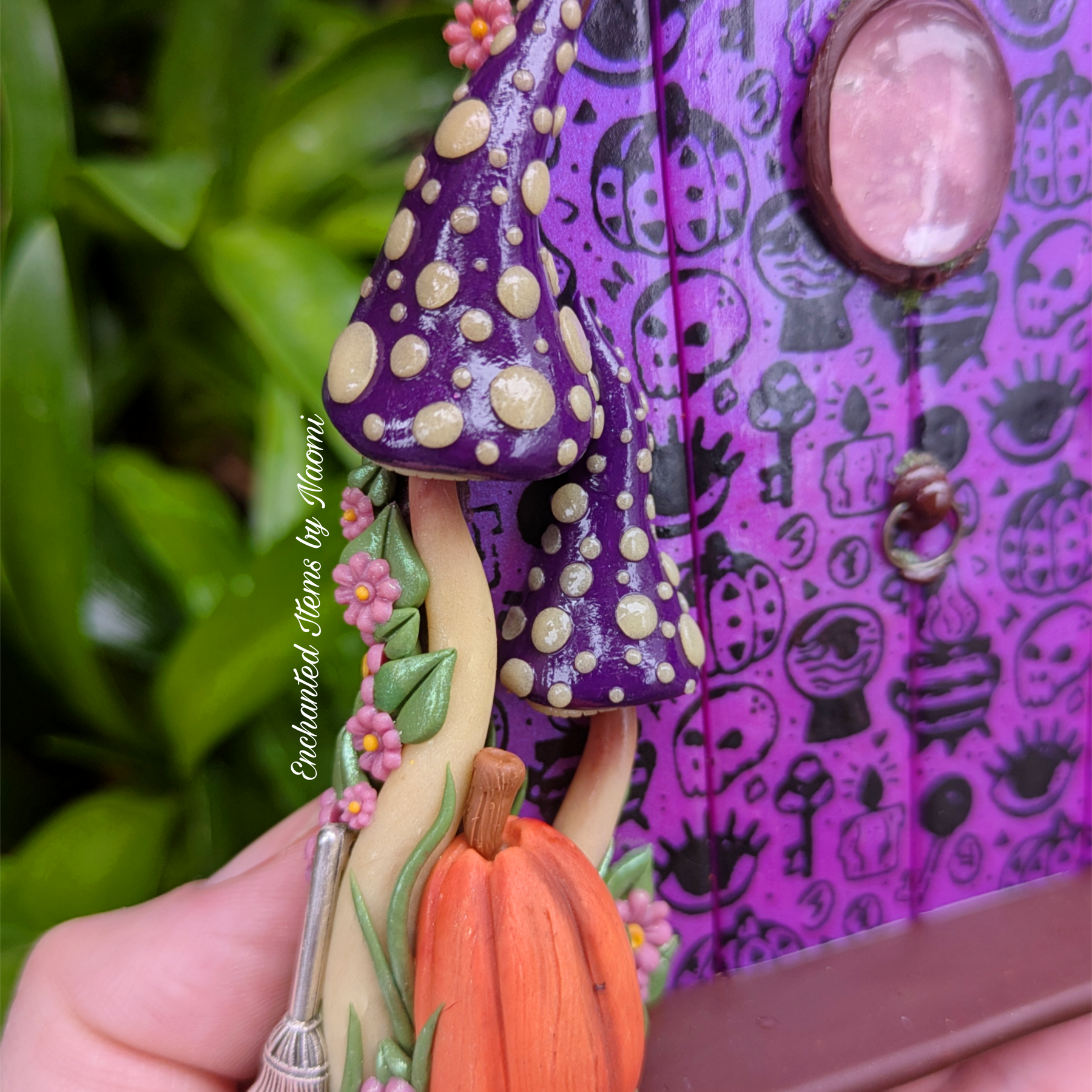 Hand Sculpted Mystics Fairy Door with Glow-in-the-Dark Mushrooms