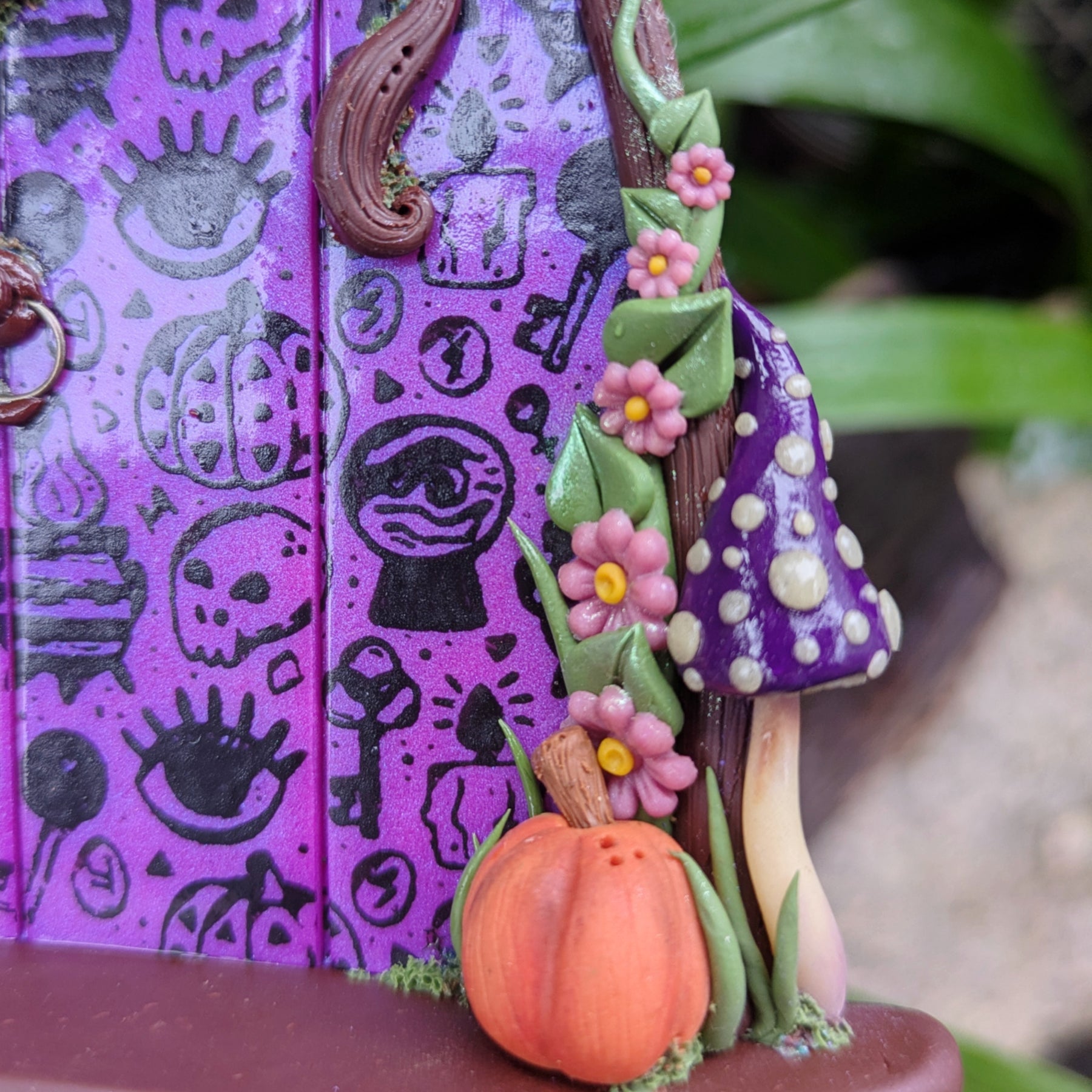 Hand Sculpted Mystics Fairy Door with Glow-in-the-Dark Mushrooms