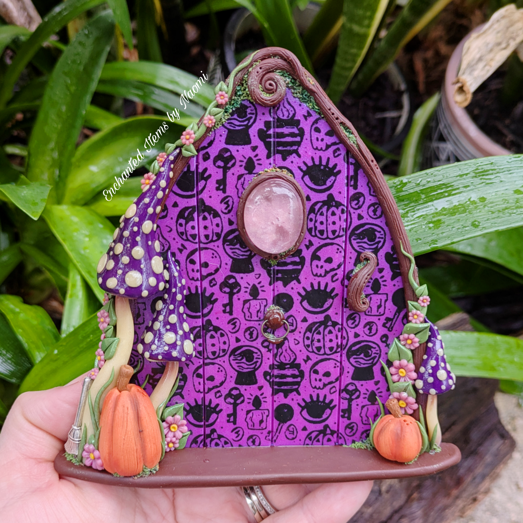 Hand Sculpted Mystics Fairy Door with Glow-in-the-Dark Mushrooms