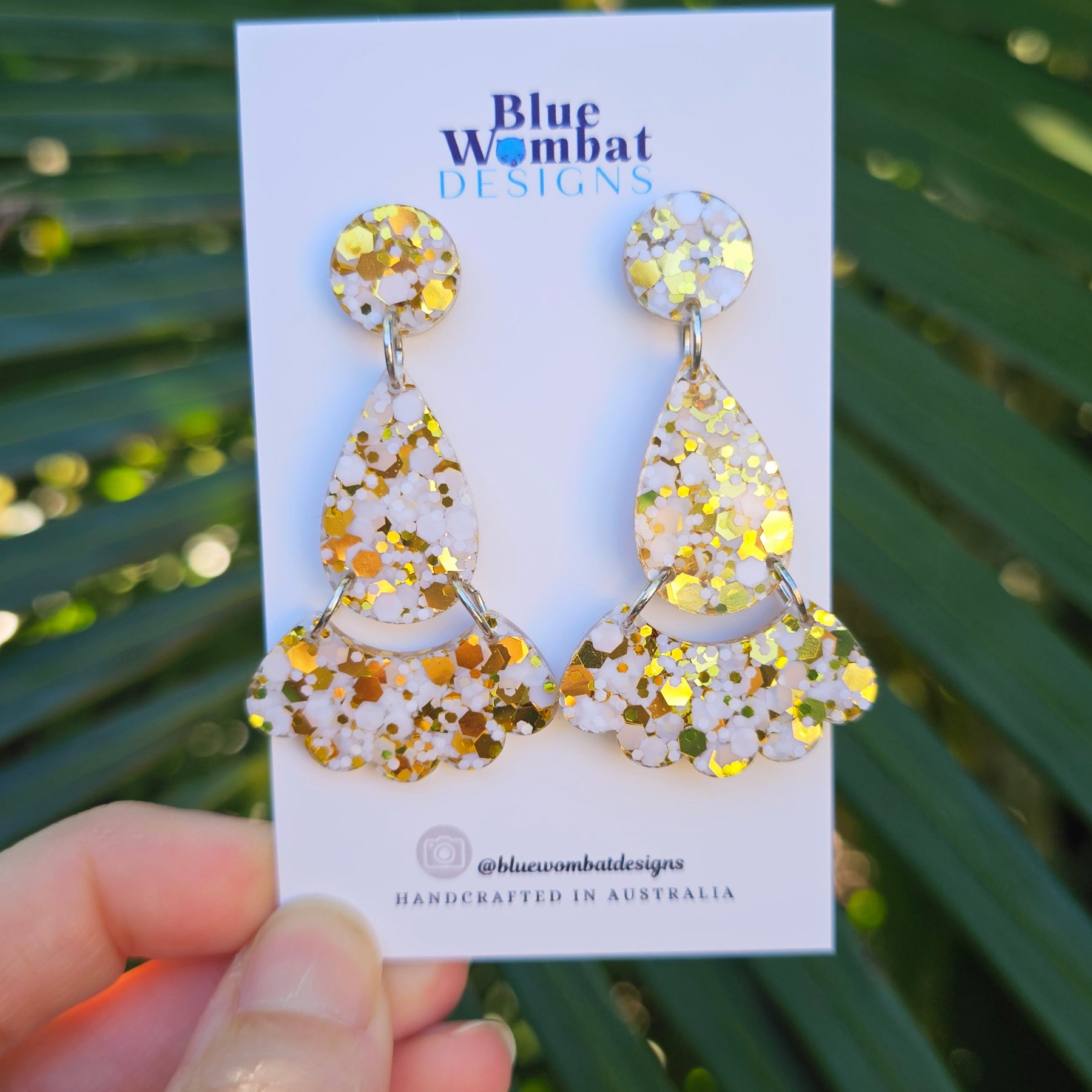 White Gold Glitter Resin Dangle Statement Earrings