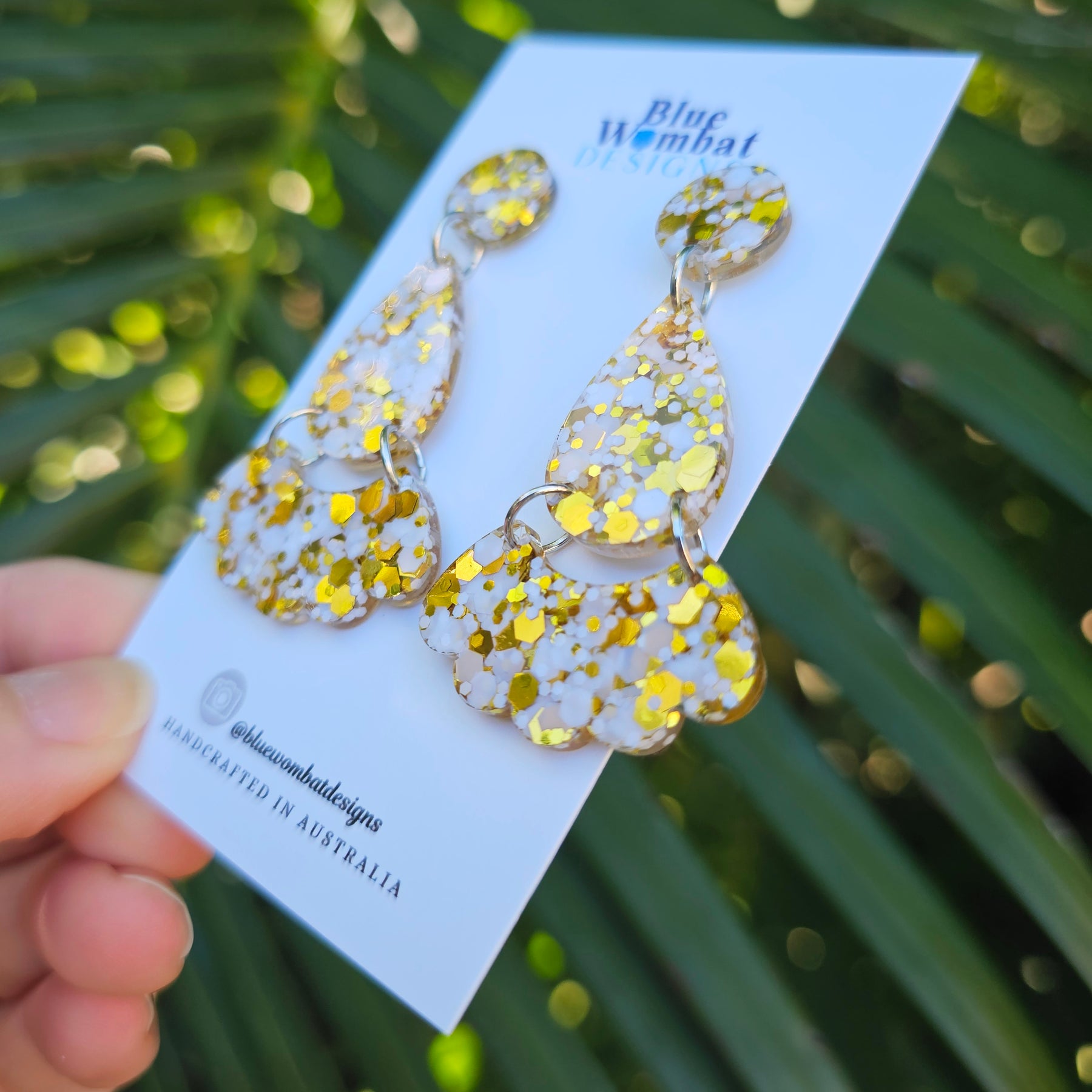 White Gold Glitter Resin Dangle Statement Earrings