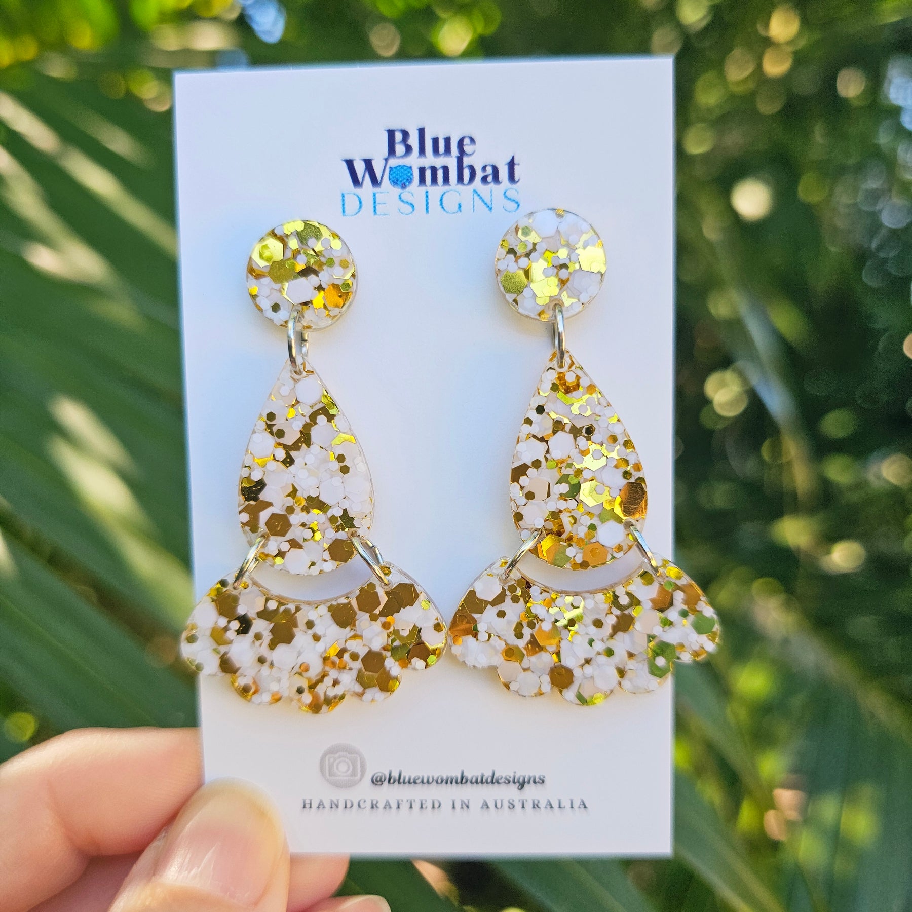 White Gold Glitter Resin Dangle Statement Earrings