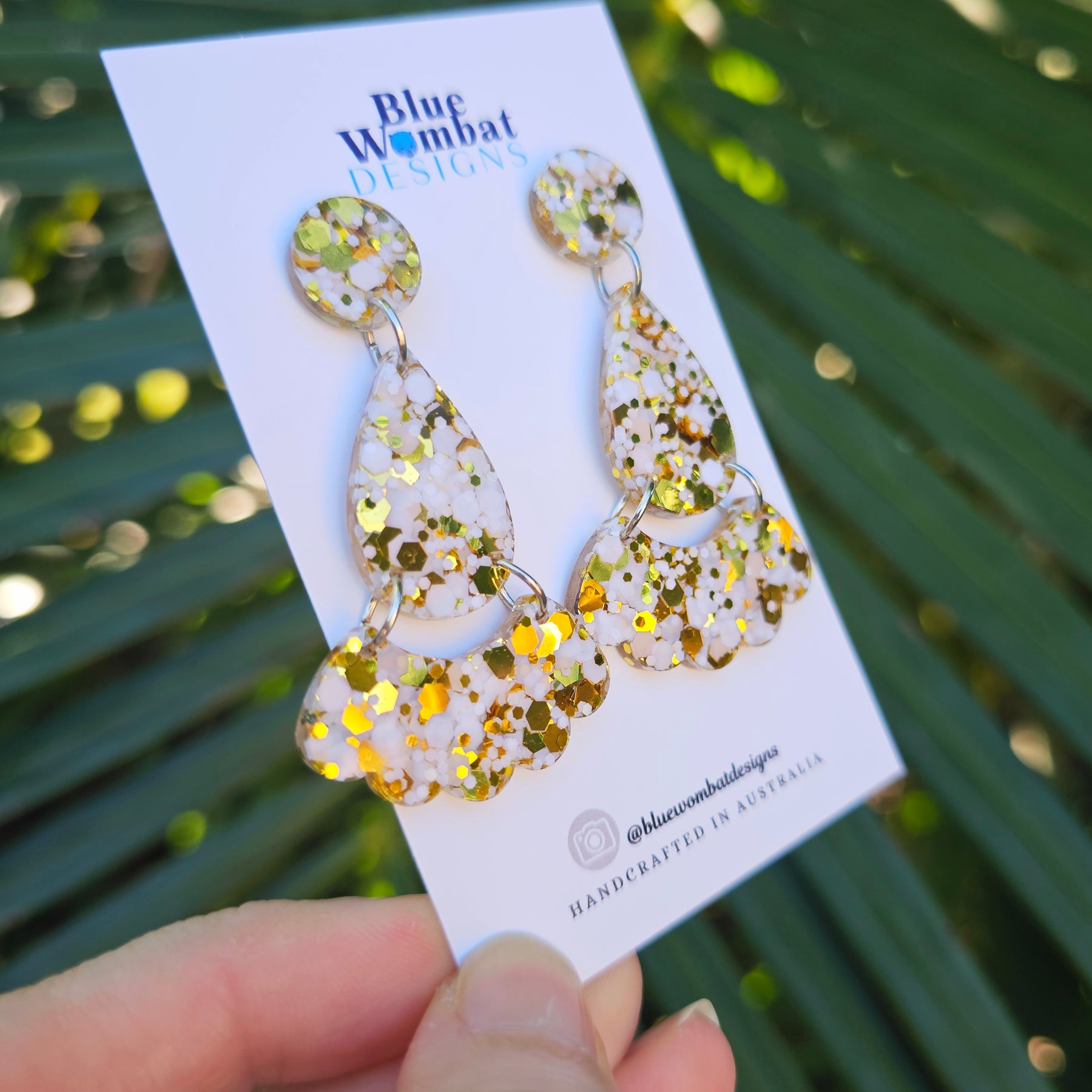 White Gold Glitter Resin Dangle Statement Earrings