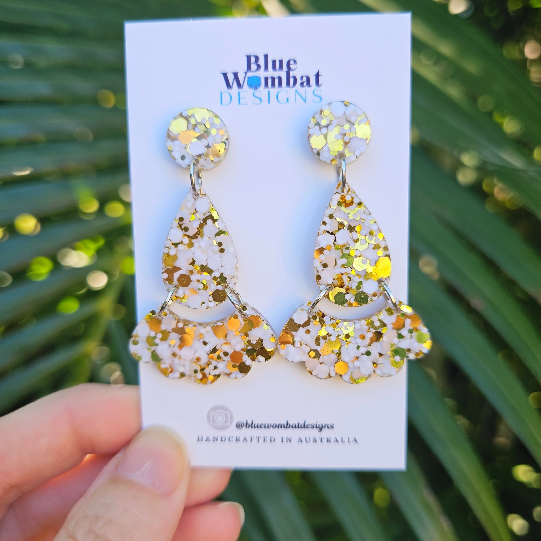 White Gold Glitter Resin Dangle Statement Earrings
