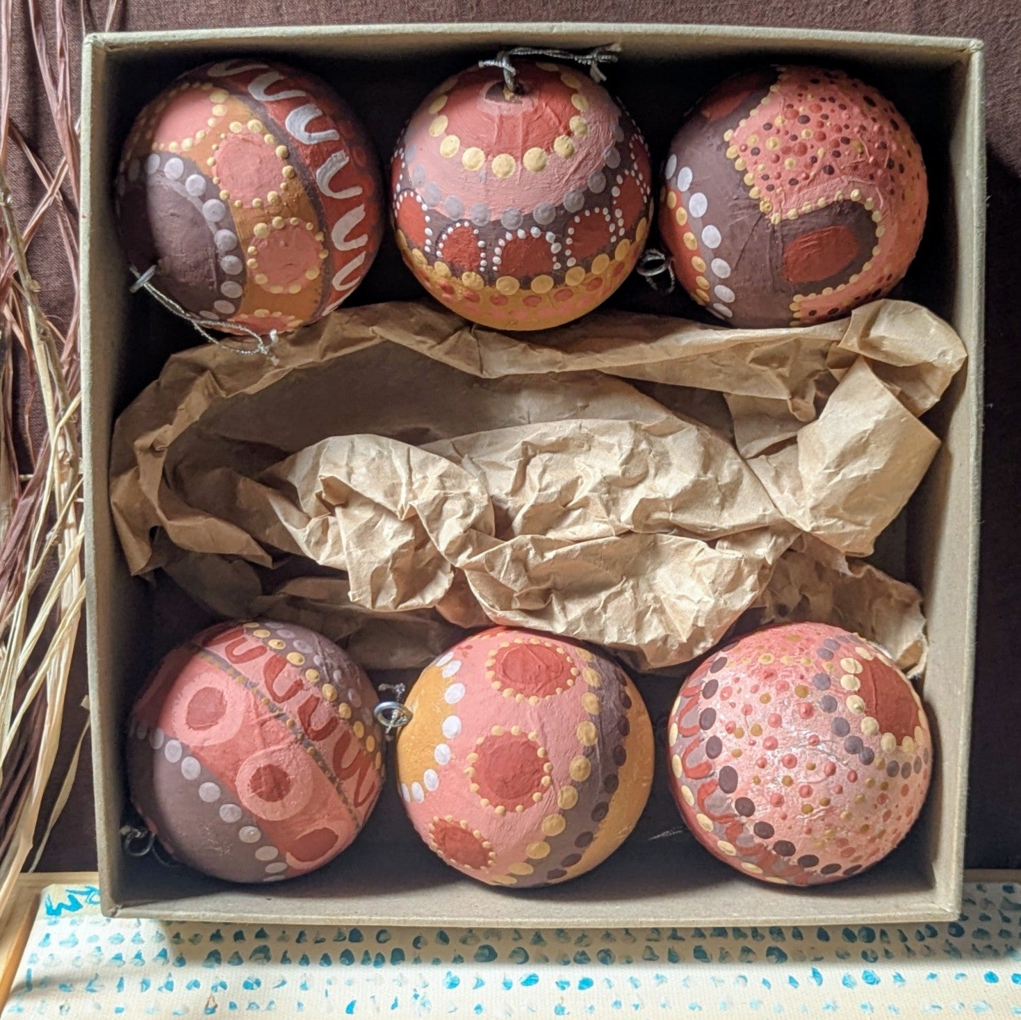 Handpainted Recycled Paper Baubles - 6  Decorations Boxed