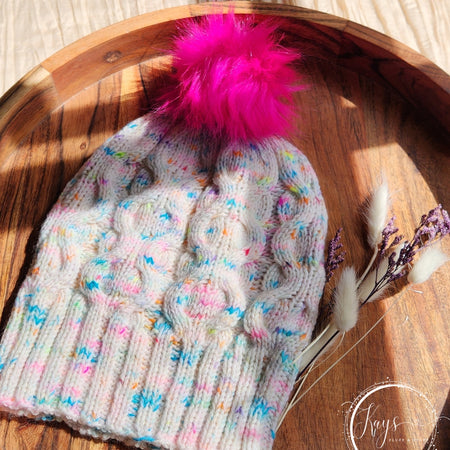Handknit Neon Speckled Beanie with removable pompom