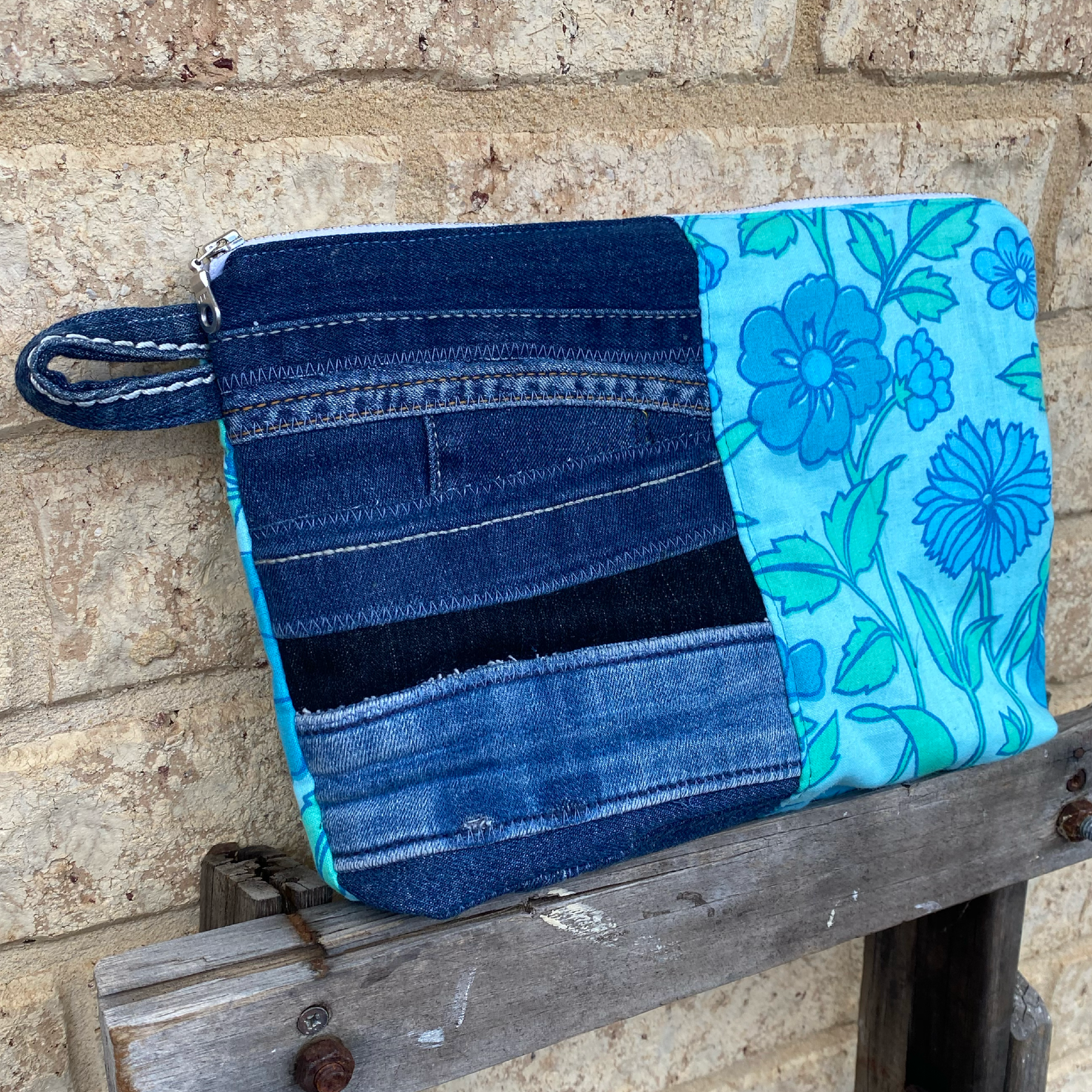Handmade Pouch Cosmetic Bag Upcycled Vintage Retro - Blue Jean Bloom