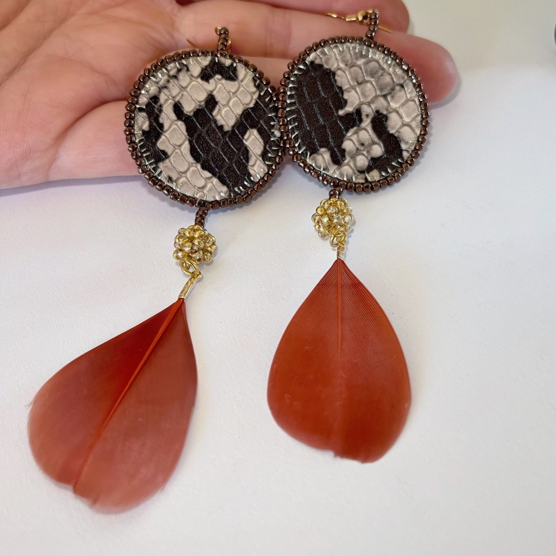 ANIMAL PRINT with feather exclusive | dangle earrings | beaded leather handmade