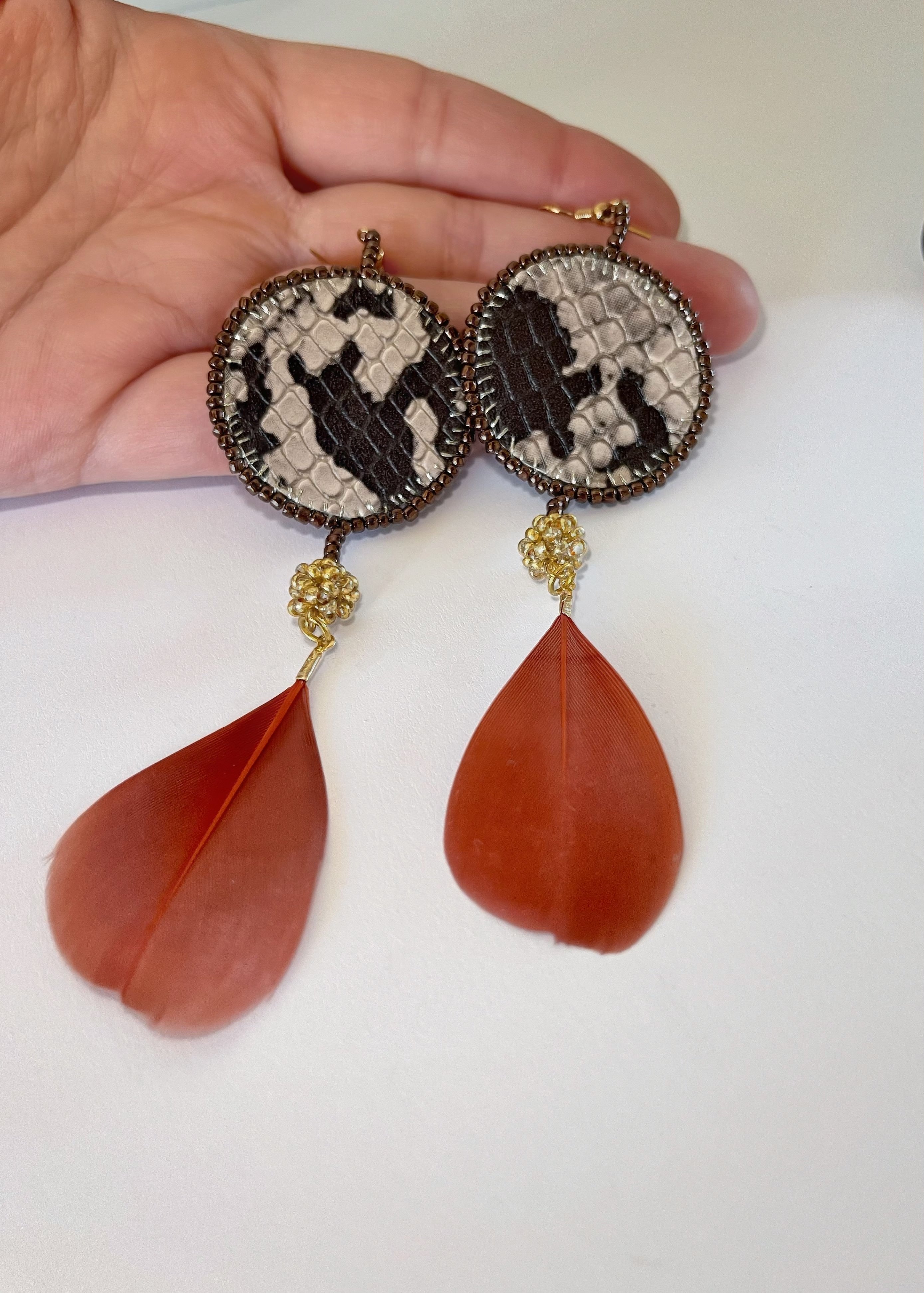 ANIMAL PRINT with feather exclusive | dangle earrings | beaded leather handmade