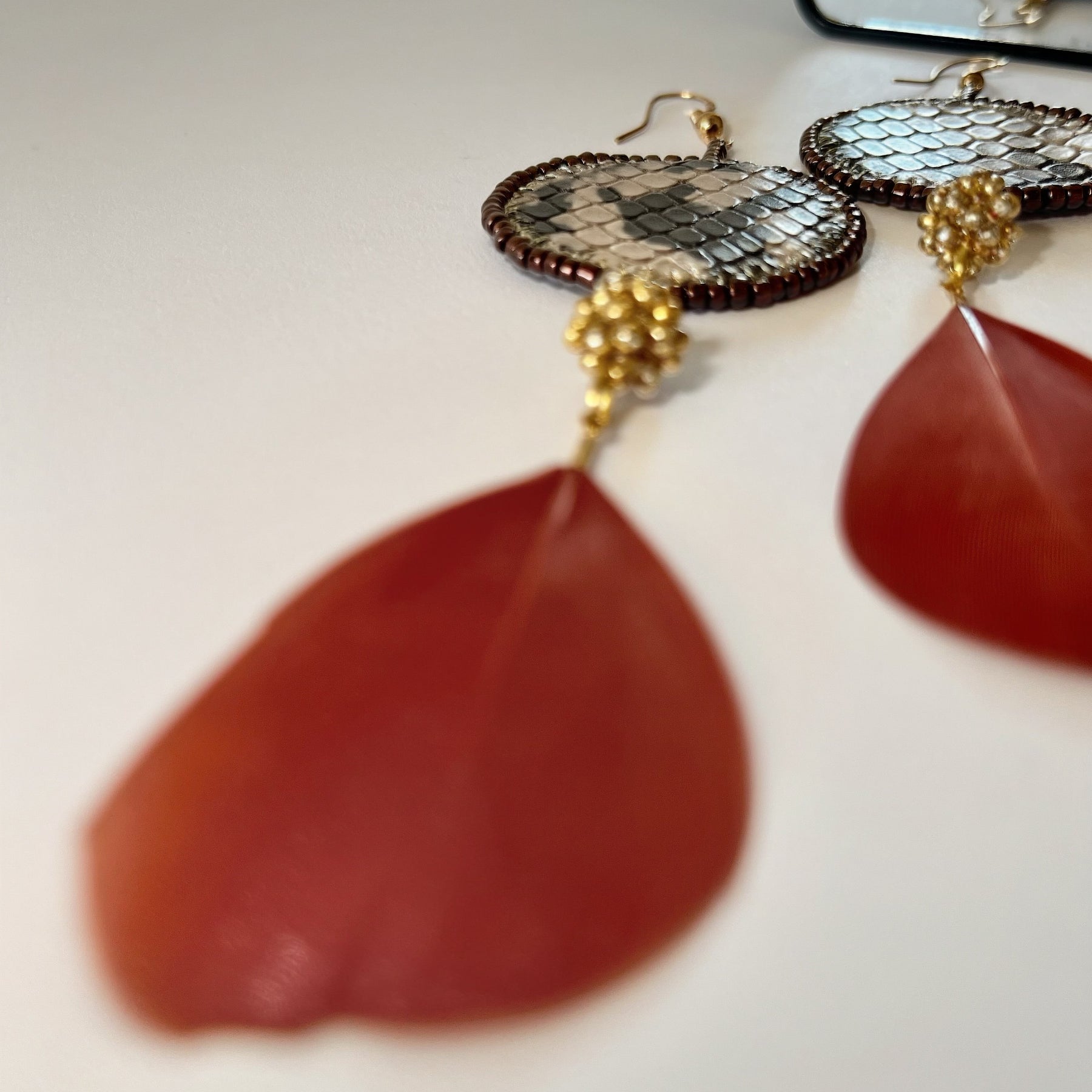 ANIMAL PRINT with feather exclusive | dangle earrings | beaded leather handmade