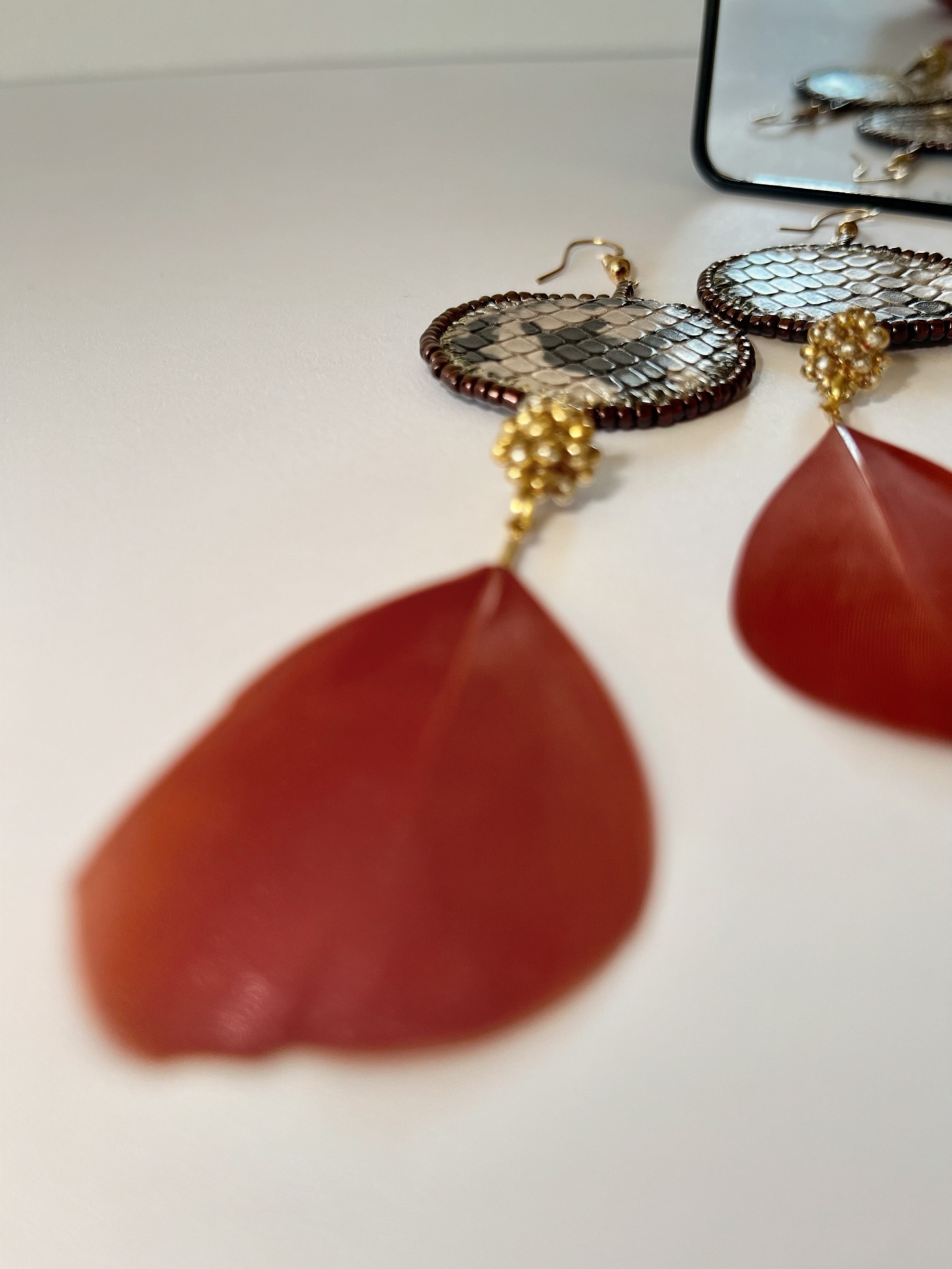ANIMAL PRINT with feather exclusive | dangle earrings | beaded leather handmade
