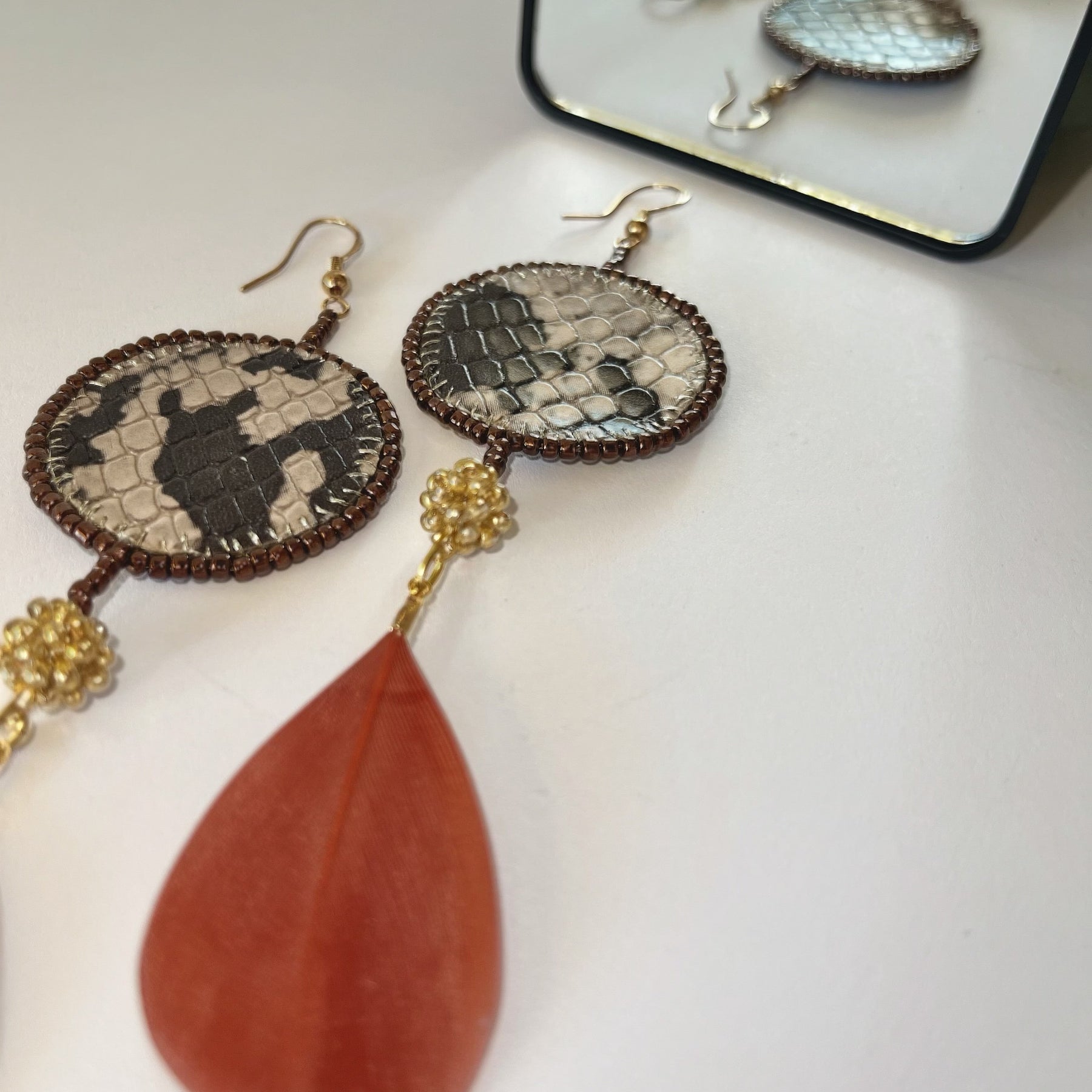 ANIMAL PRINT with feather exclusive | dangle earrings | beaded leather handmade