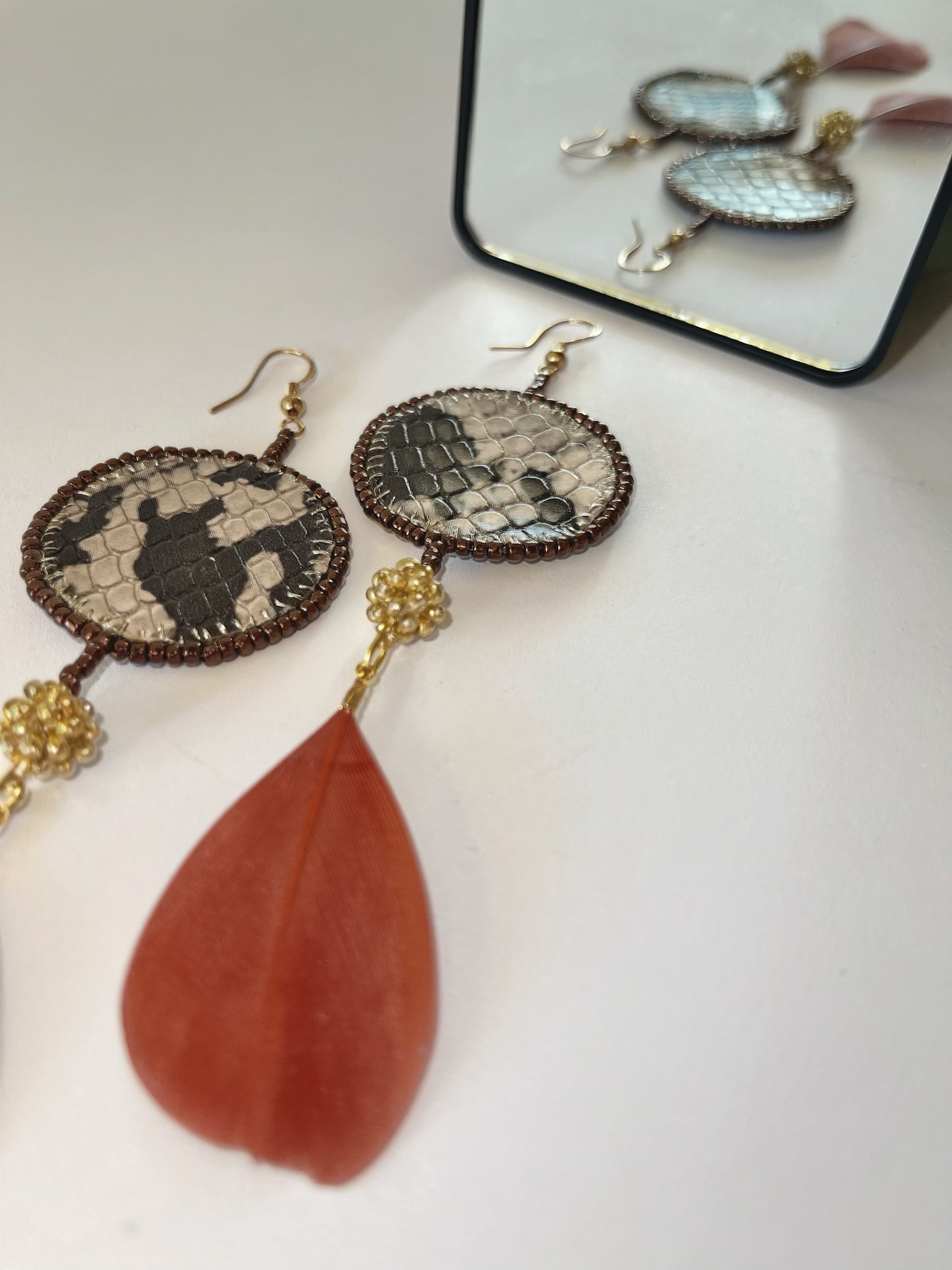 ANIMAL PRINT with feather exclusive | dangle earrings | beaded leather handmade