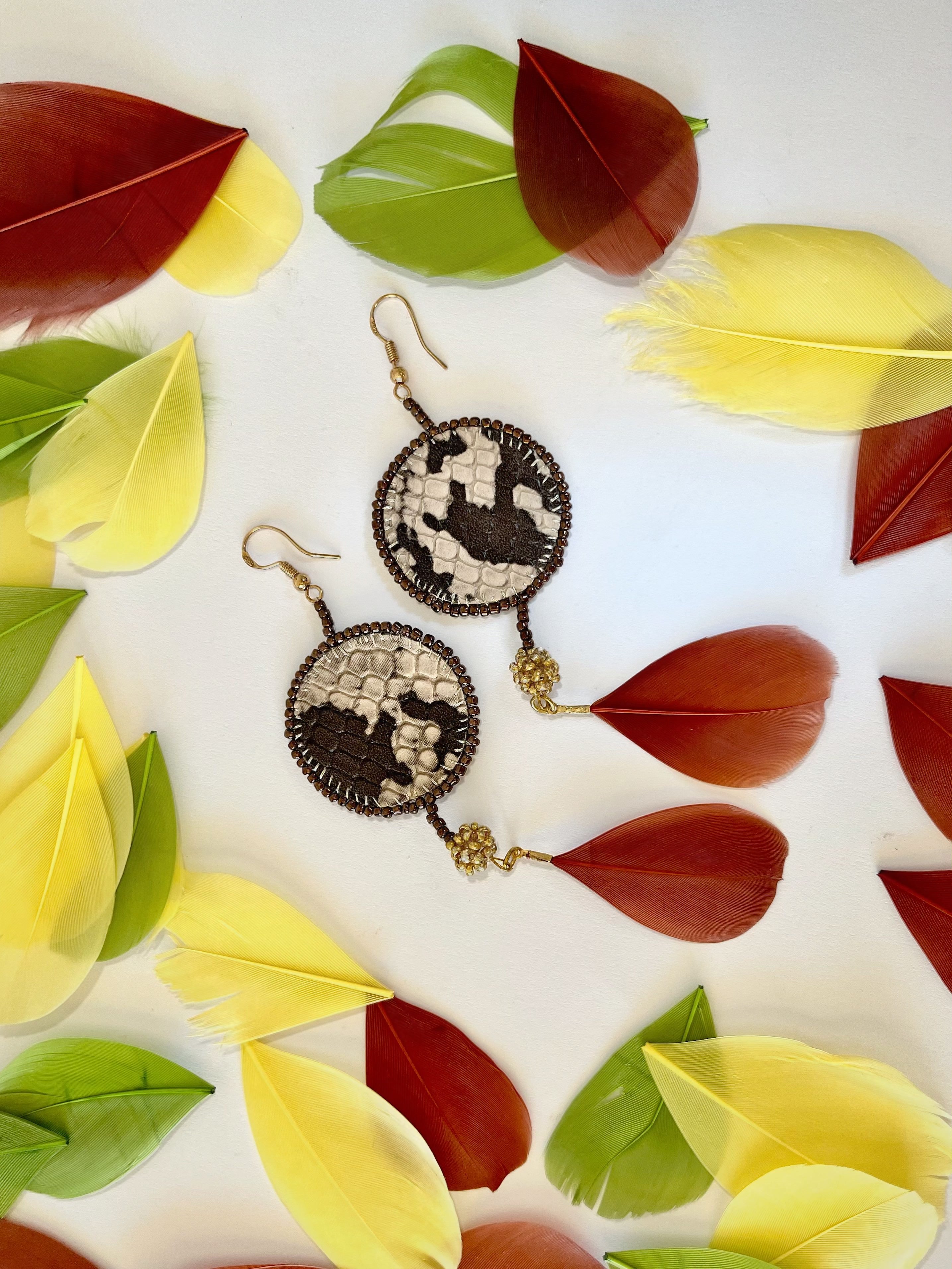 ANIMAL PRINT with feather exclusive | dangle earrings | beaded leather handmade