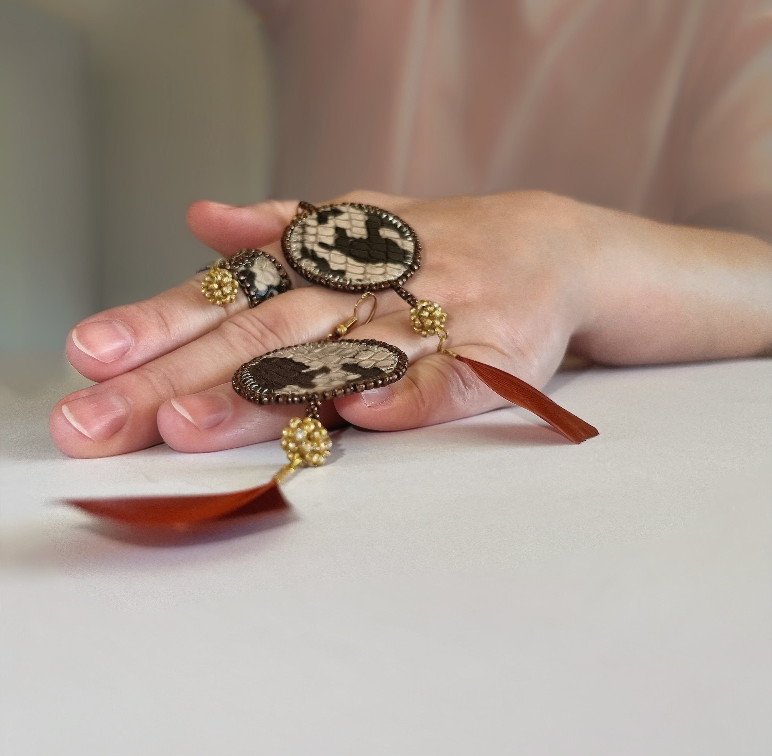 ANIMAL PRINT with feather exclusive | dangle earrings | beaded leather handmade