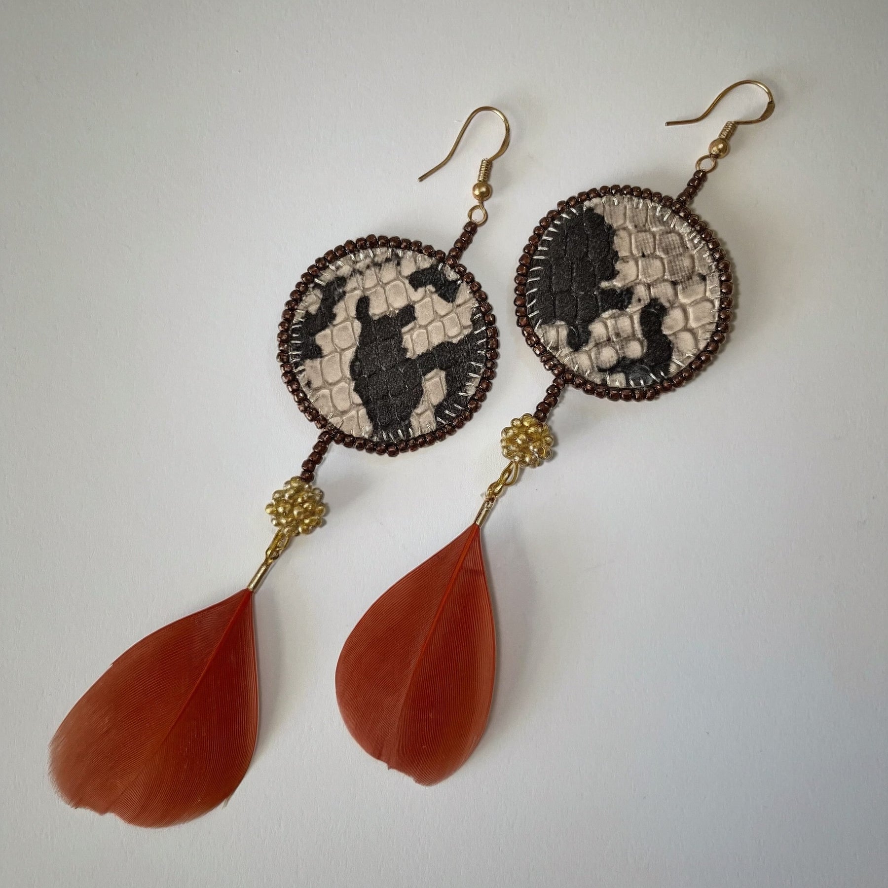 ANIMAL PRINT with feather exclusive | dangle earrings | beaded leather handmade