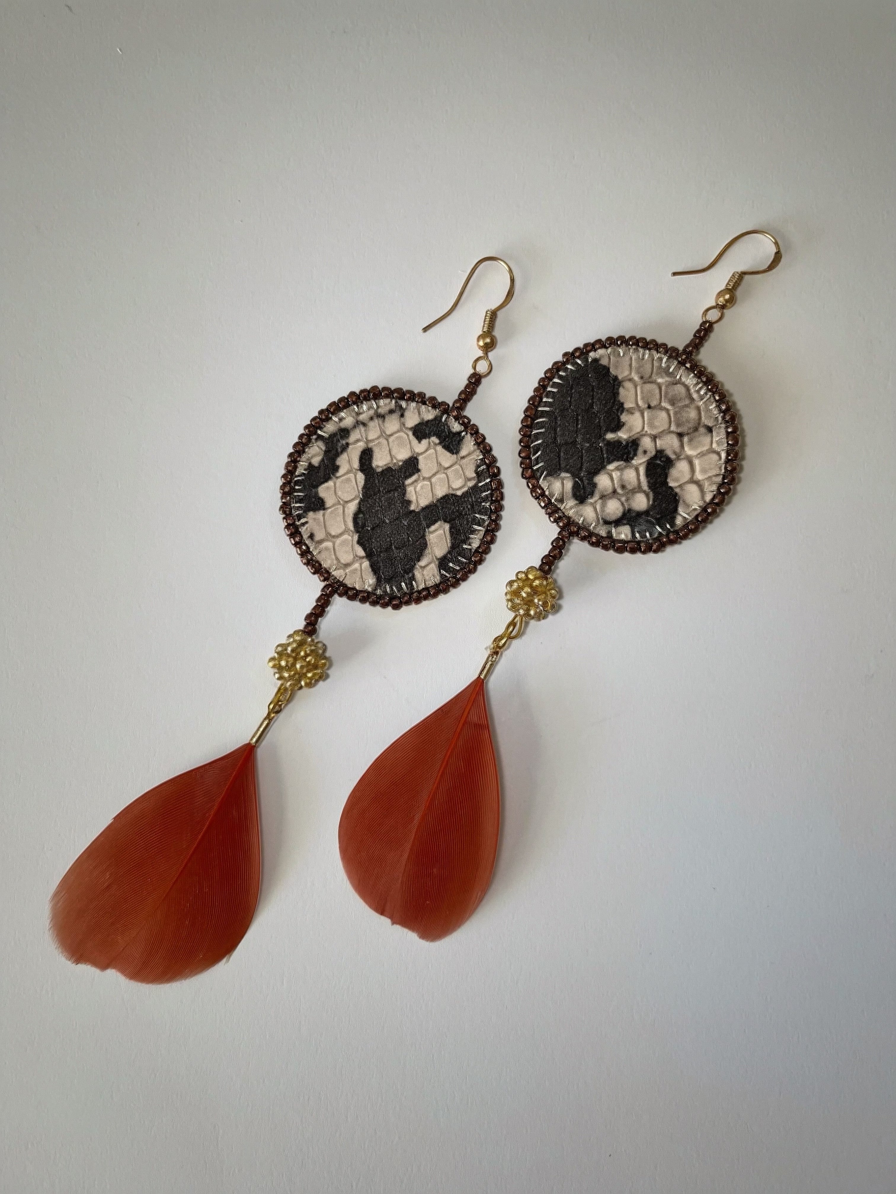 ANIMAL PRINT with feather exclusive | dangle earrings | beaded leather handmade