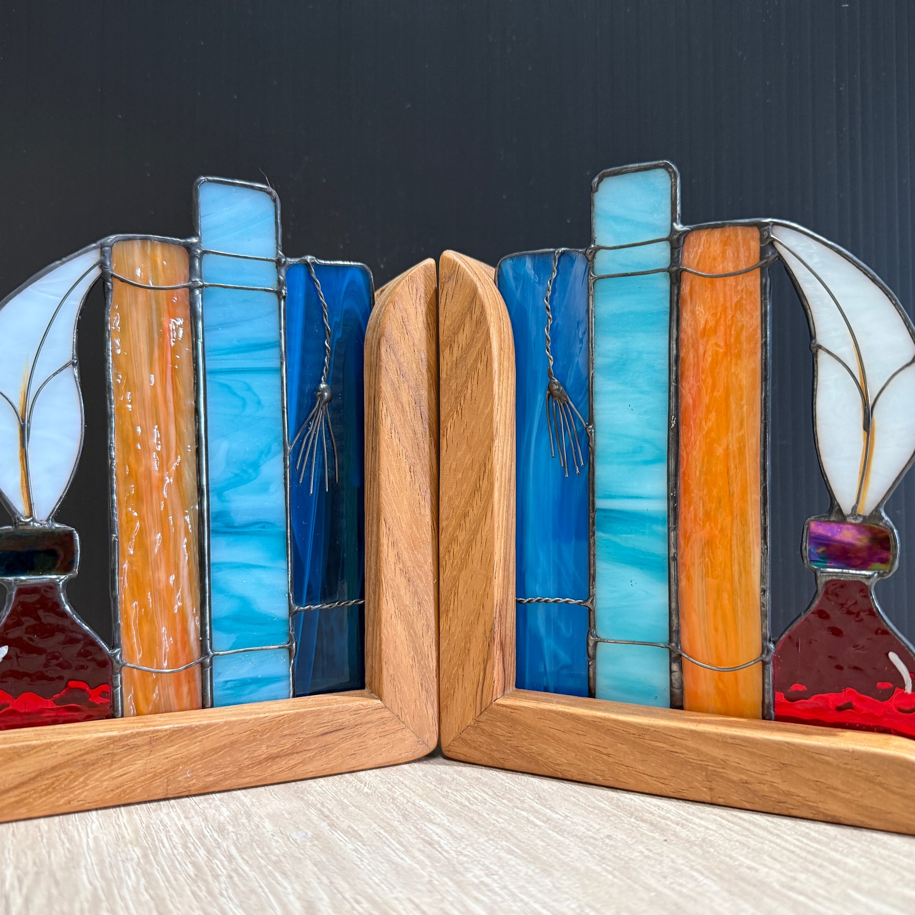Stained Glass Book and Quill Timber Bookends