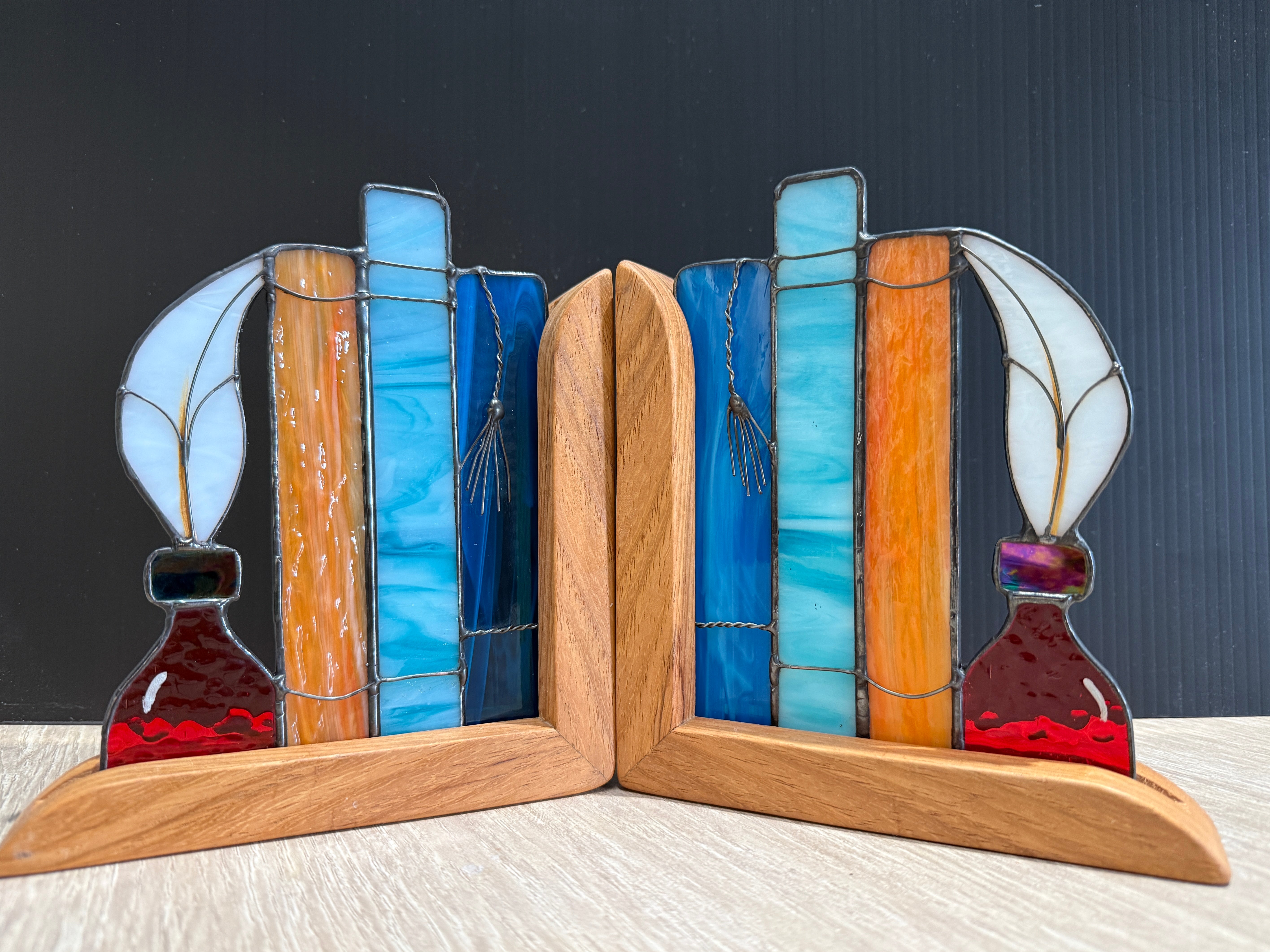Stained Glass Book and Quill Timber Bookends