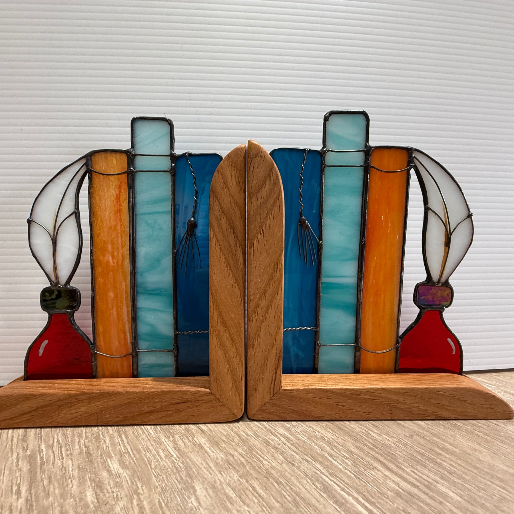 Stained Glass Book and Quill Timber Bookends