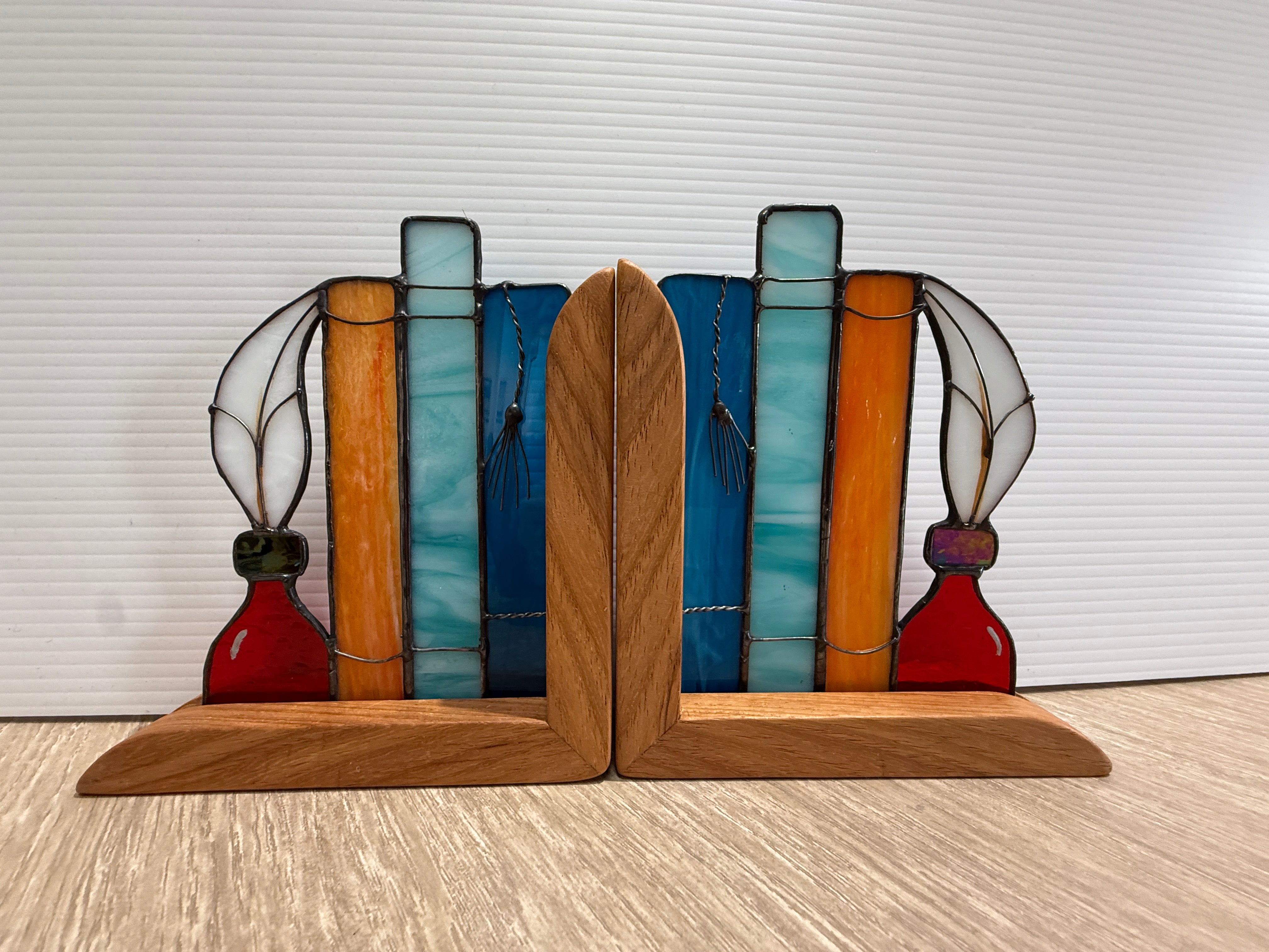 Stained Glass Book and Quill Timber Bookends