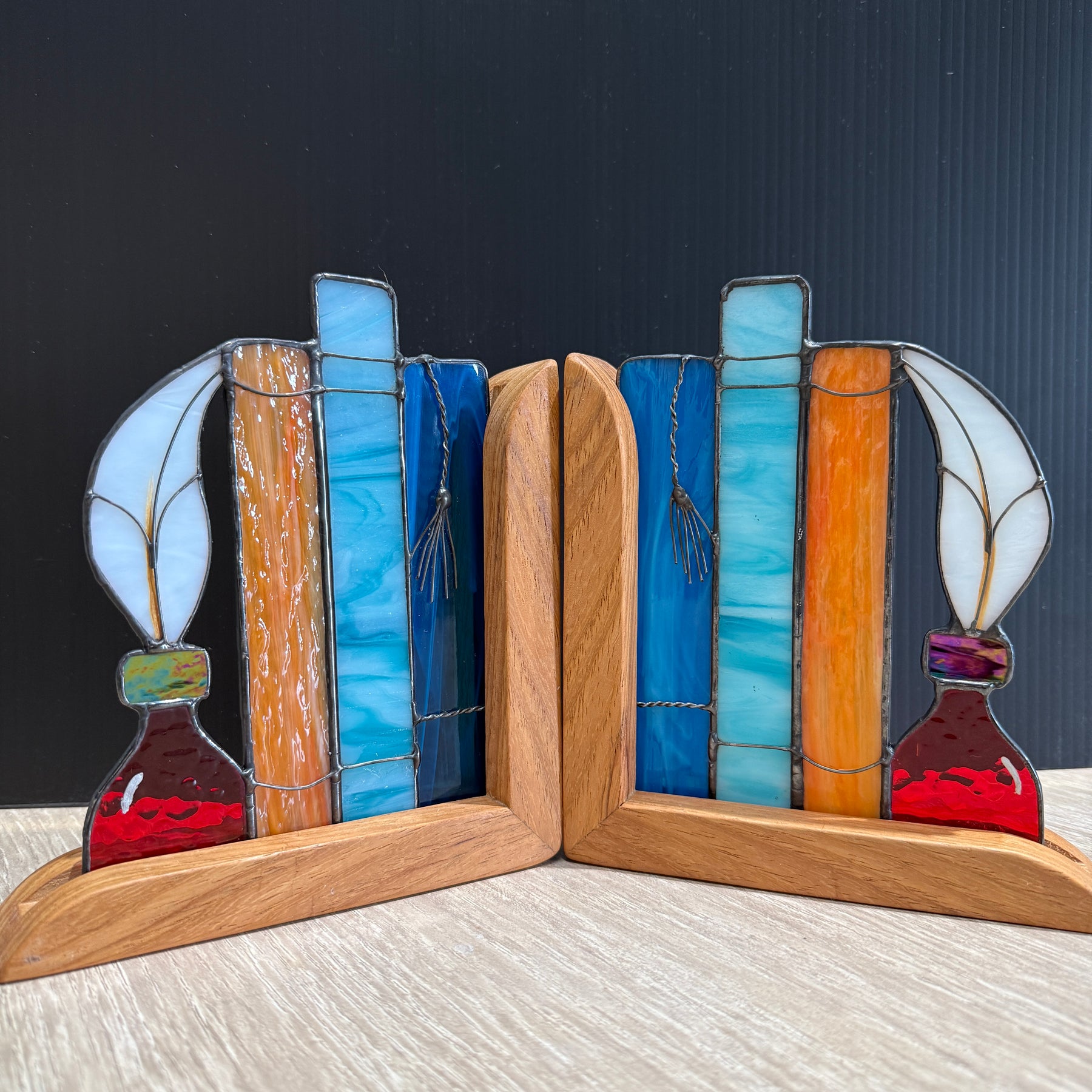 Stained Glass Book and Quill Timber Bookends