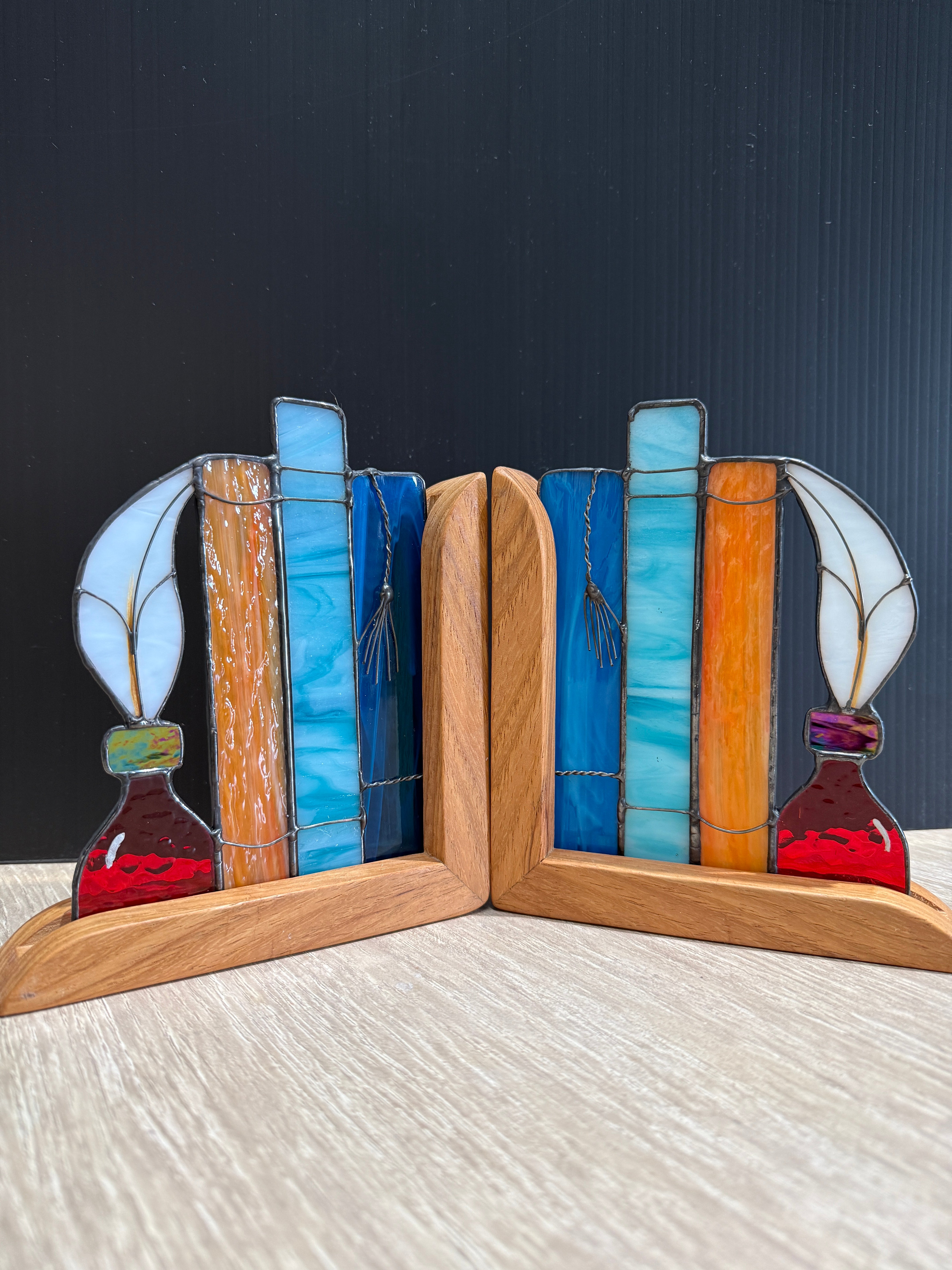 Stained Glass Book and Quill Timber Bookends