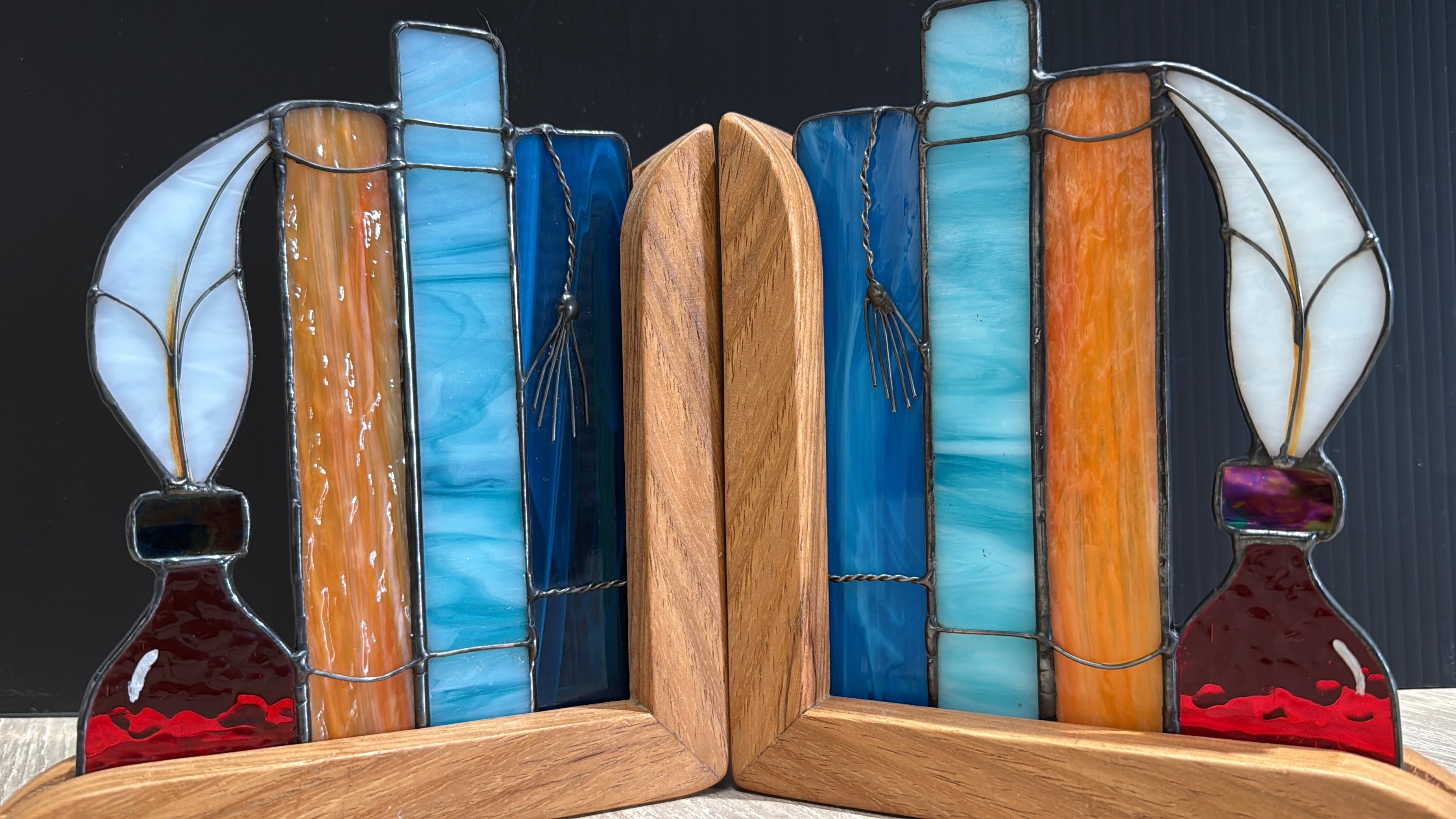 Stained Glass Book and Quill Timber Bookends
