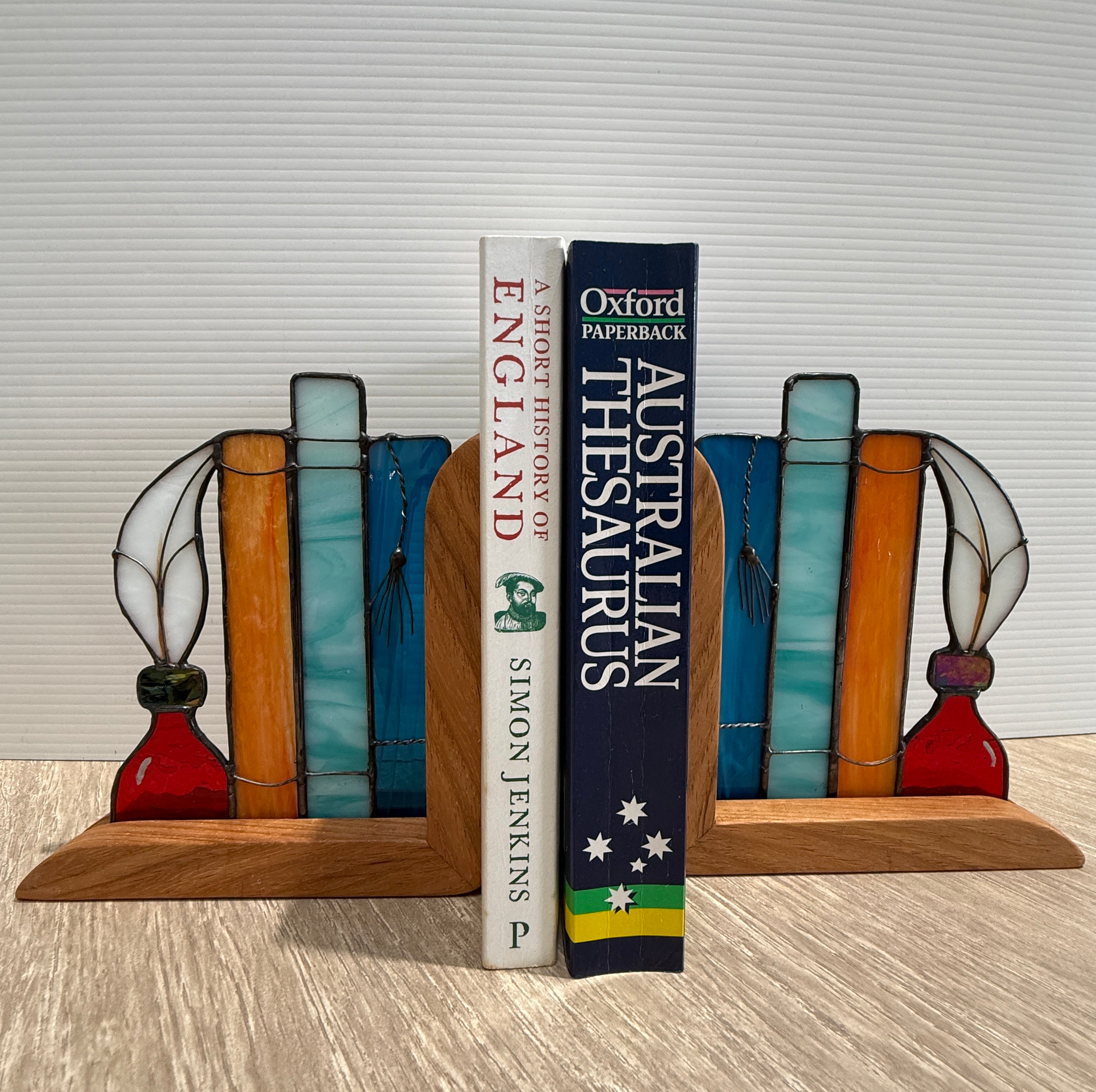 Stained Glass Book and Quill Timber Bookends