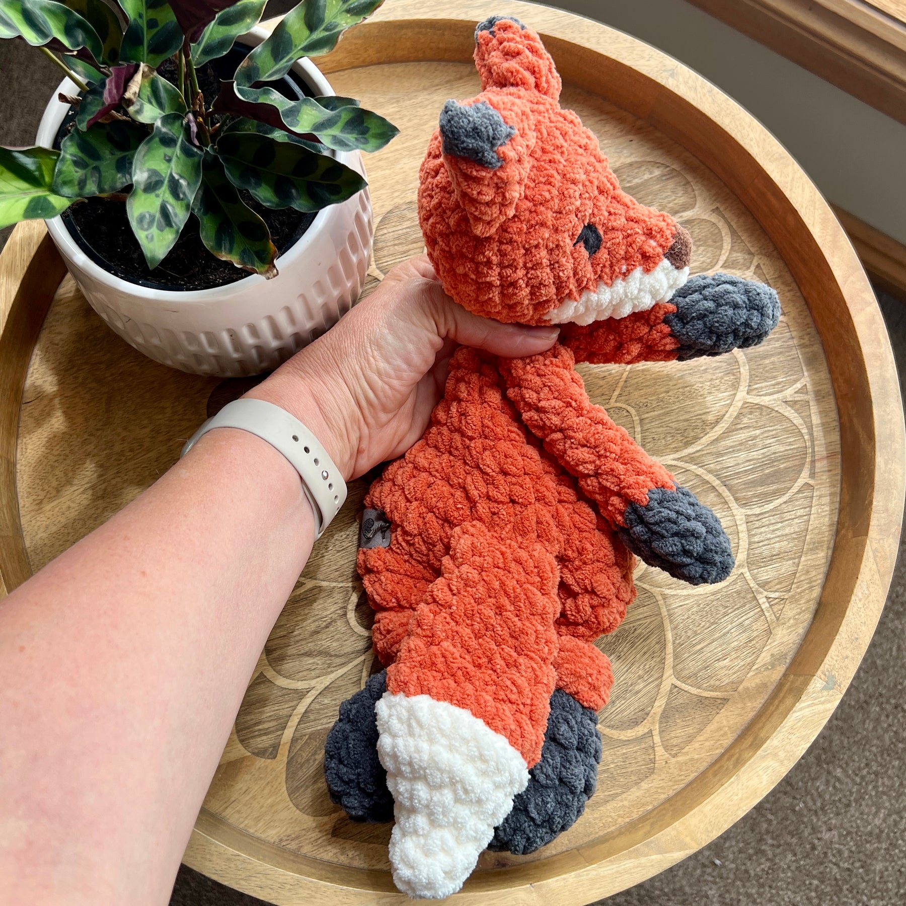 Handmade modern crochet toy Fox lovey snuggler plushie.