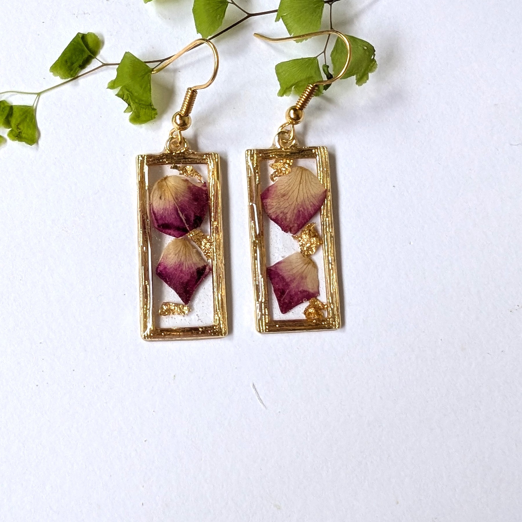 Pink Rose Petal old Rectangular Dangle Earrings