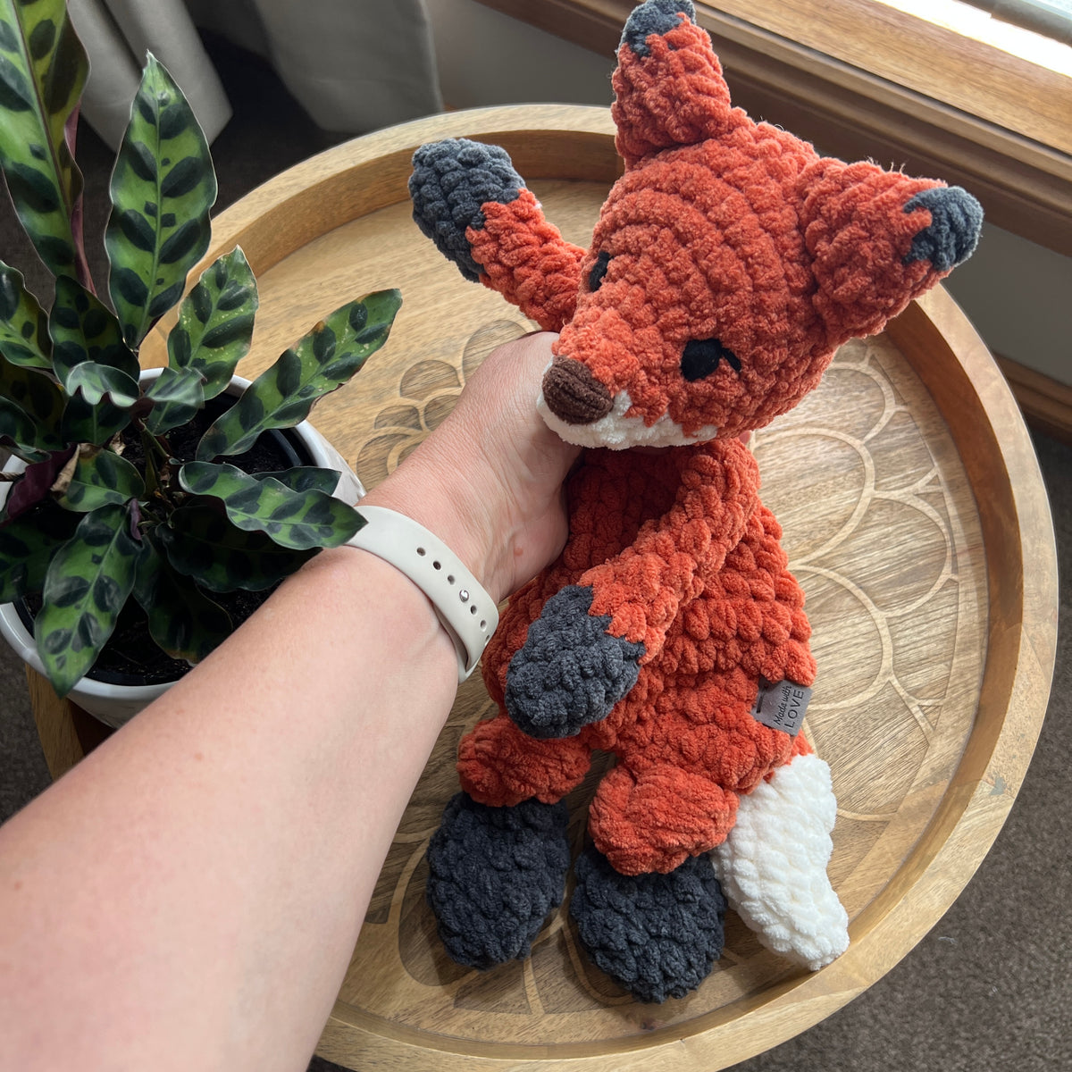 Handmade modern crochet toy Fox lovey snuggler plushie.