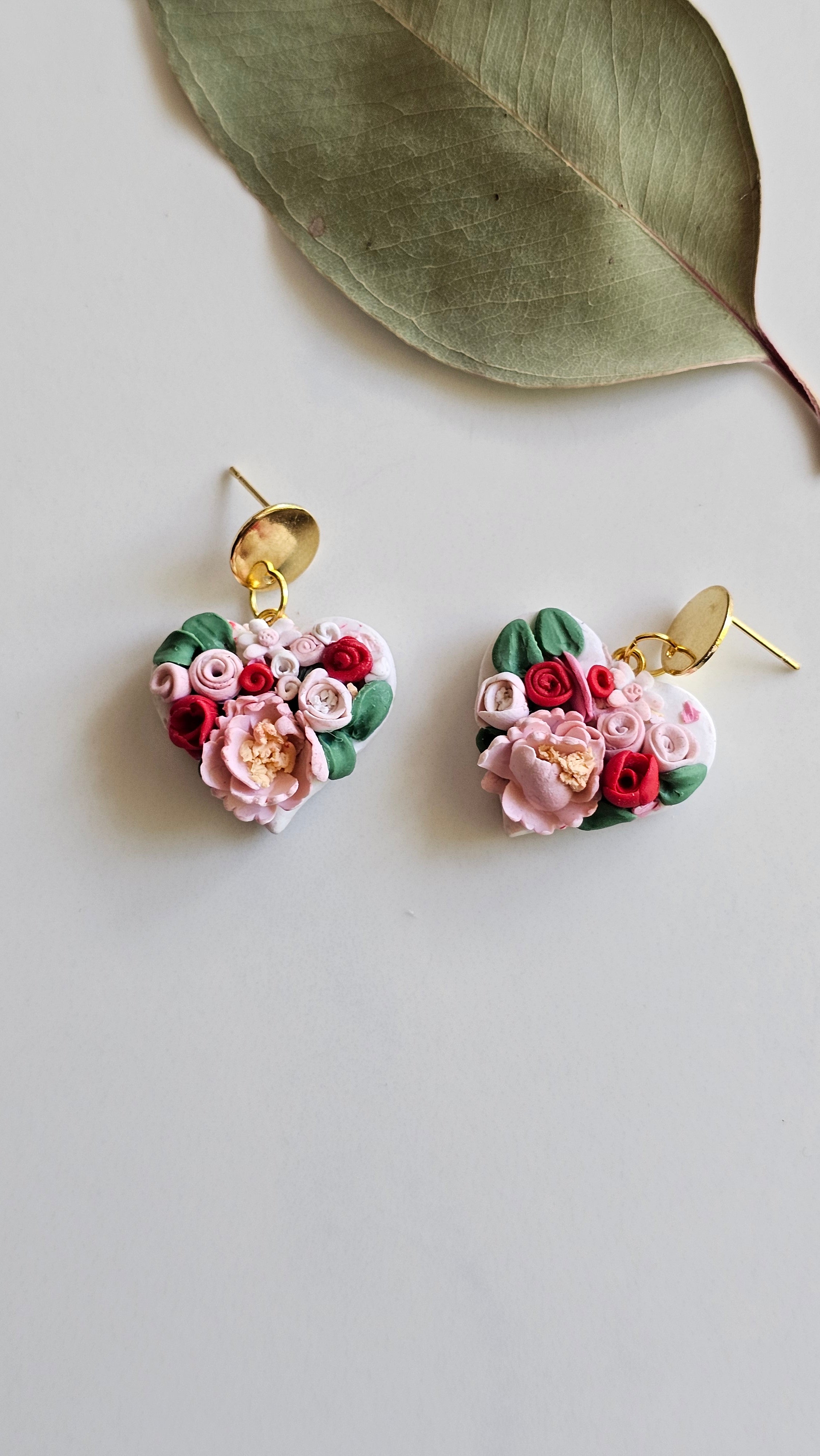 Floral bouquet heart earrings, Handmade Jewellery,Clay Earrings.
