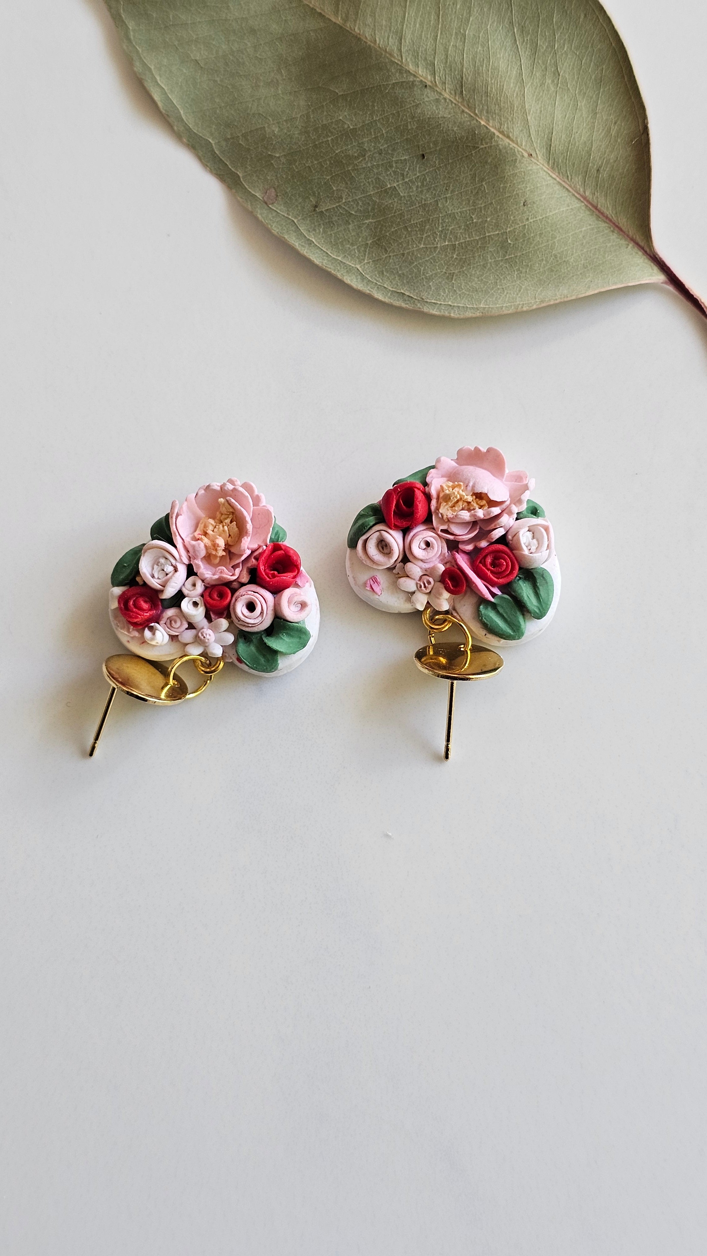 Floral bouquet heart earrings, Handmade Jewellery,Clay Earrings.