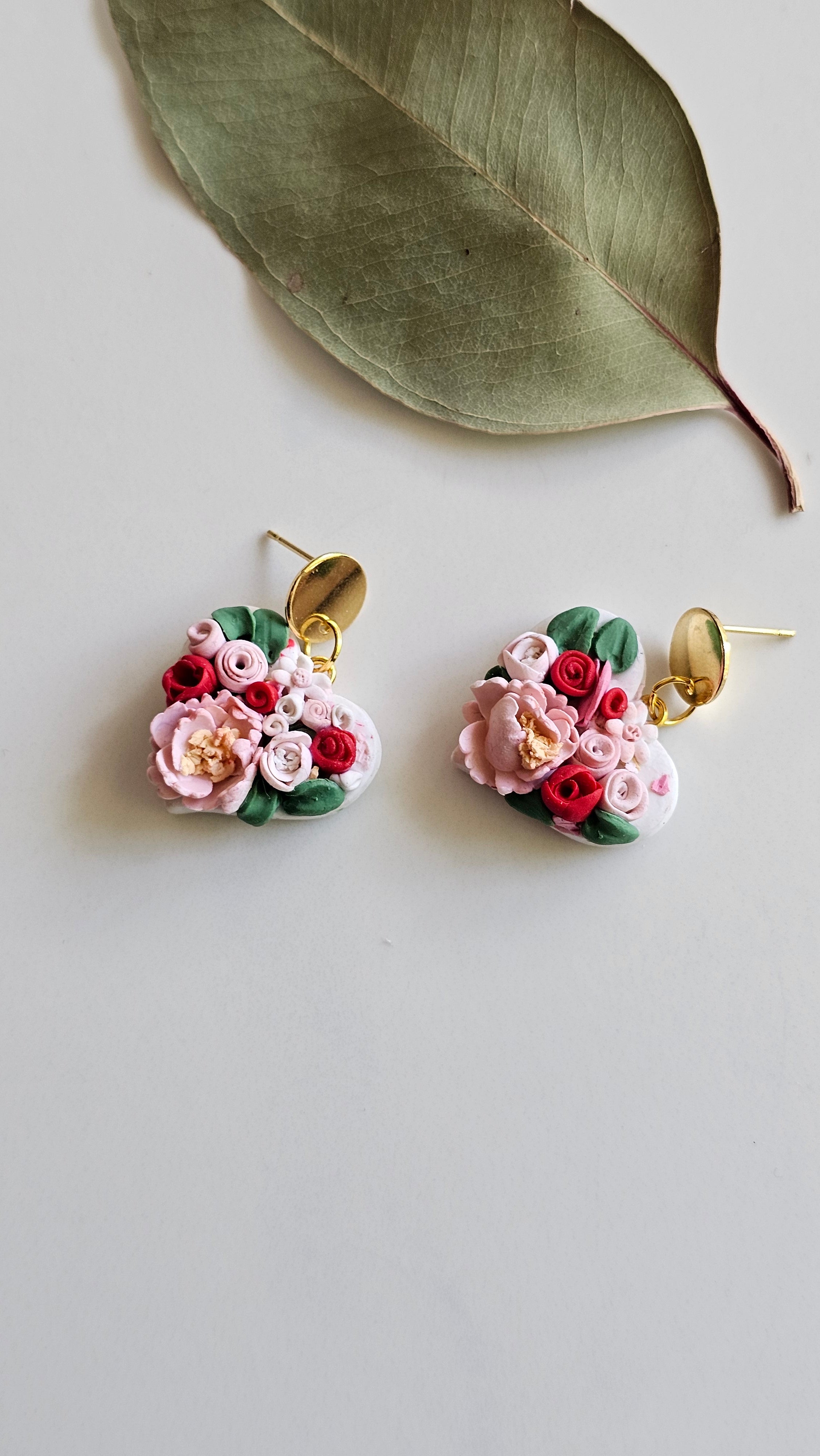 Floral bouquet heart earrings, Handmade Jewellery,Clay Earrings.