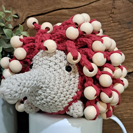 Handmade crochet echidna red cotton wooden beads