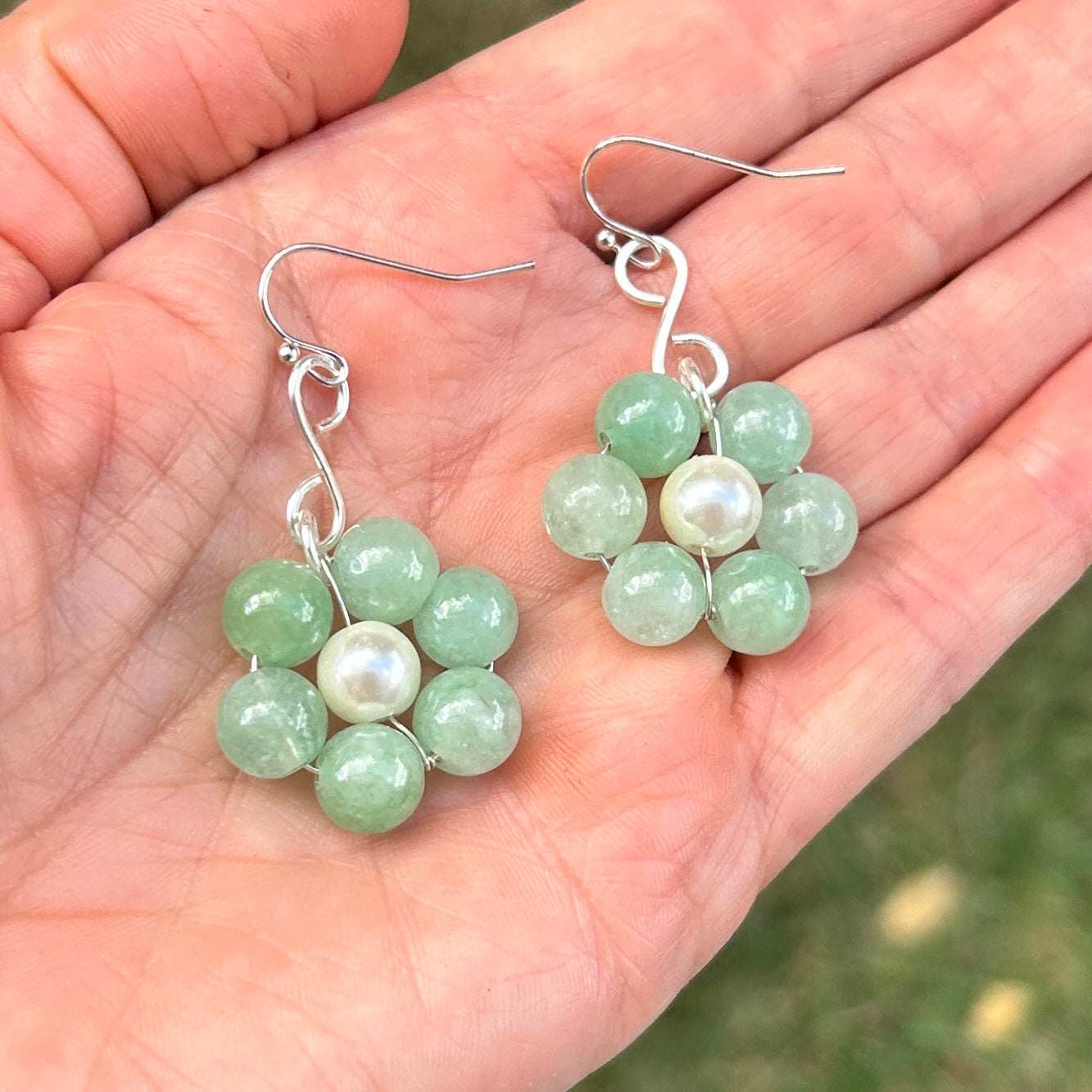 'Daisy Daisy' Boho silver dangle green & Pearl flower