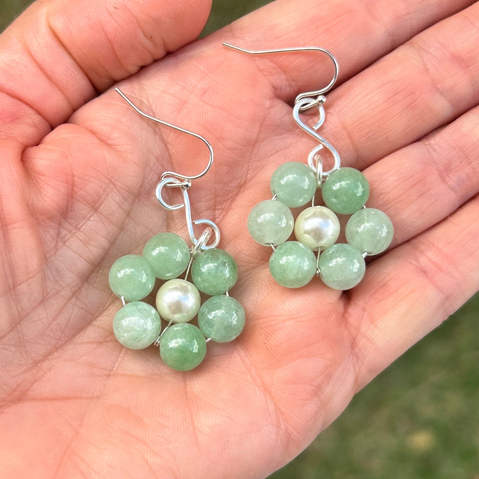 'Daisy Daisy' Boho silver dangle green & Pearl flower
