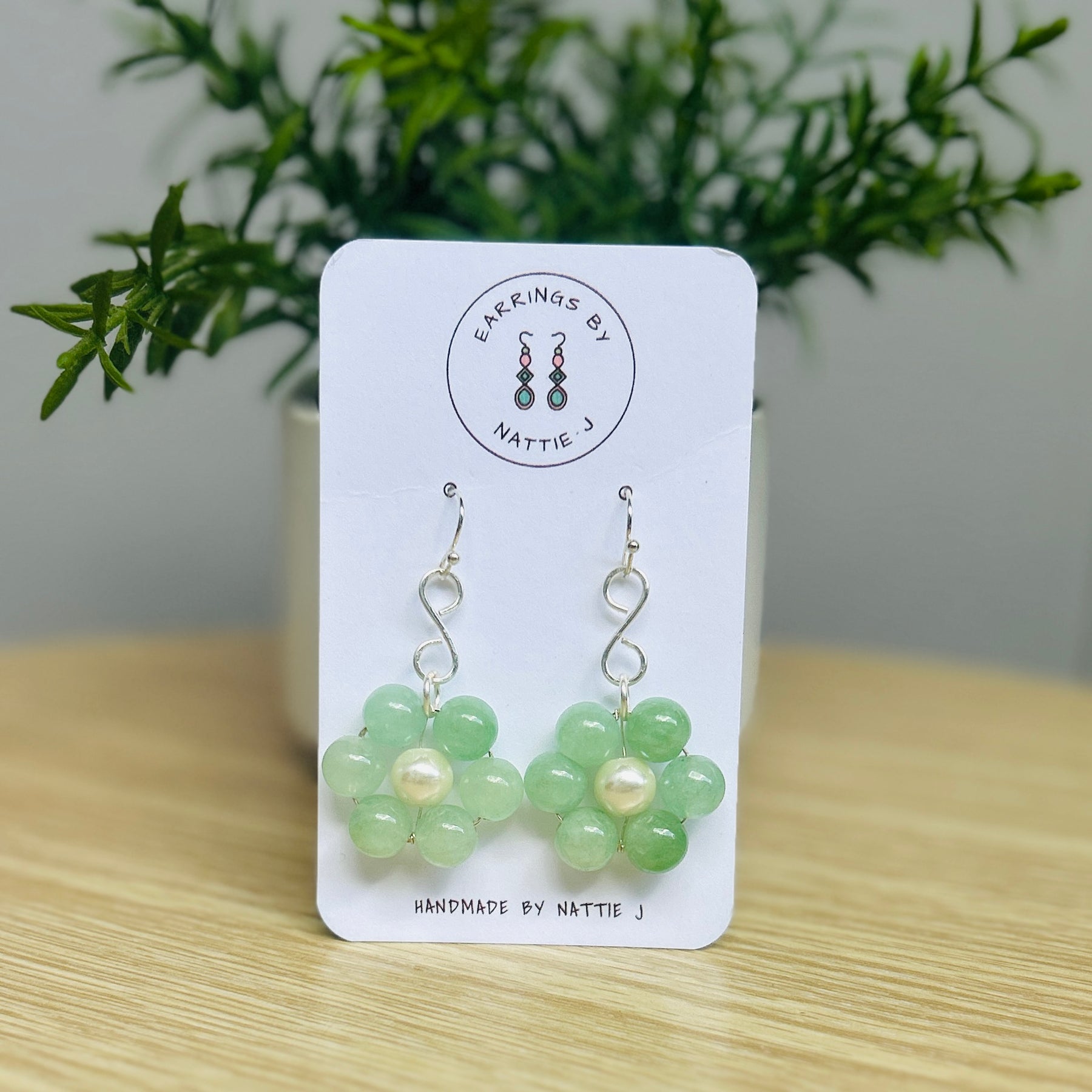 'Daisy Daisy' Boho silver dangle green & Pearl flower