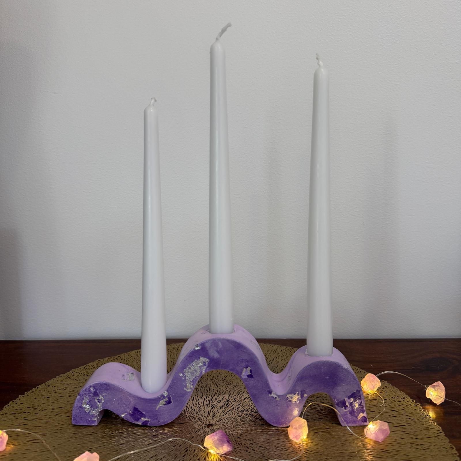 Lilac and silver wave concrete holder for 3 taper candles