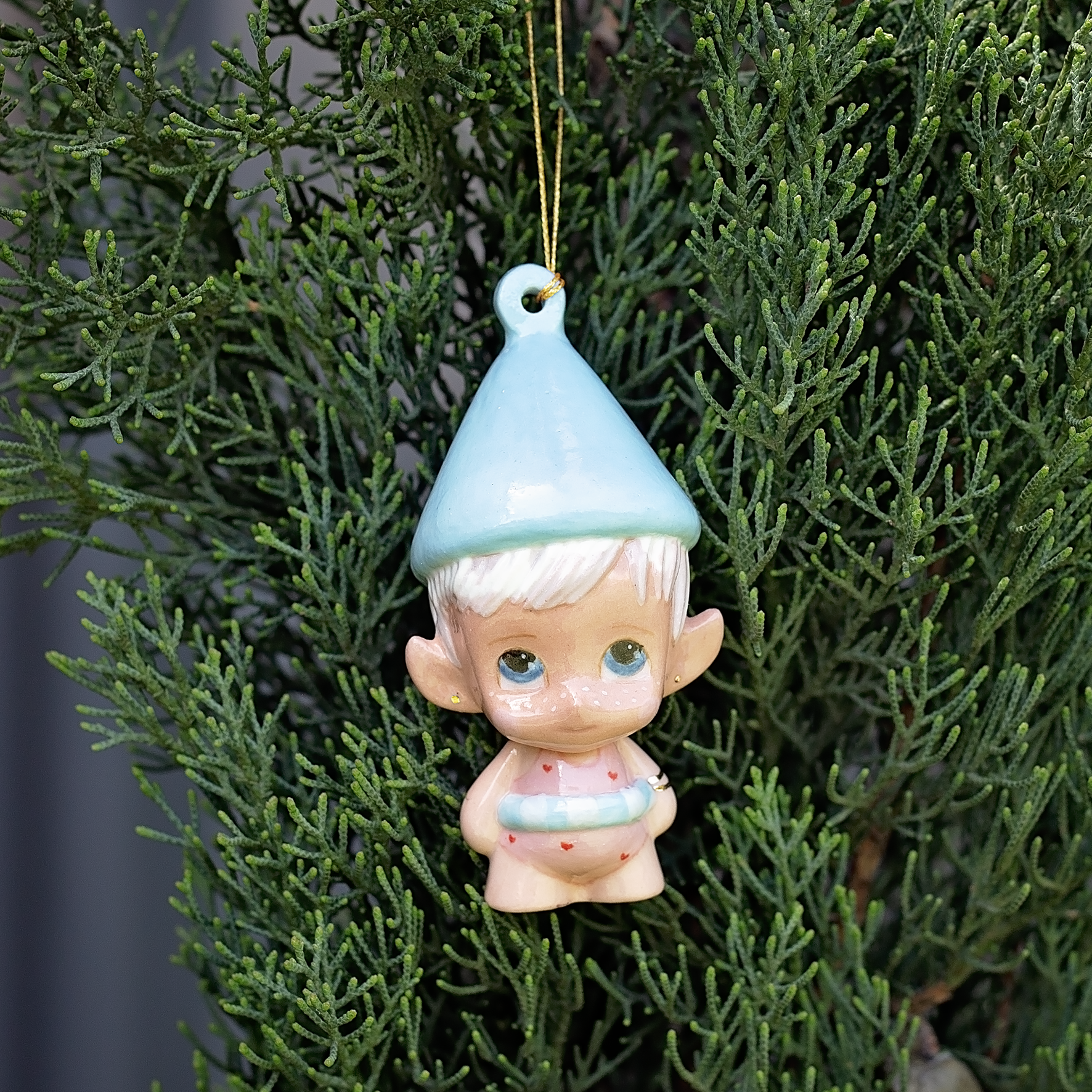 Handmade Porcelain Christmas ornament. One-of-a-kind. Shelly the Swim teacher Elf.