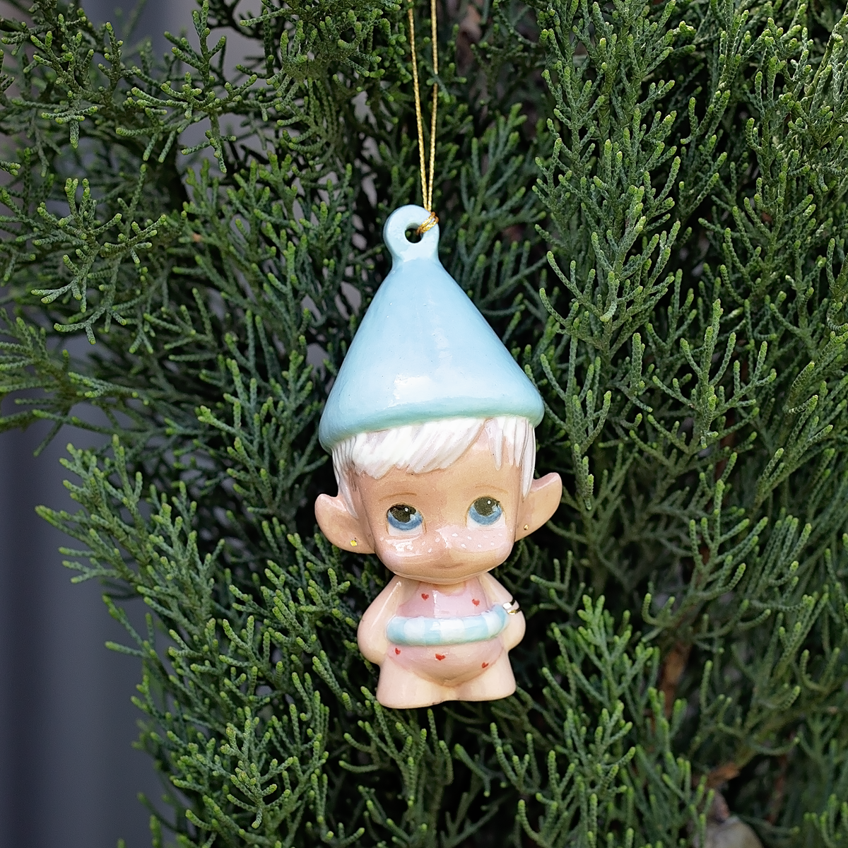Handmade Porcelain Christmas ornament. One-of-a-kind. Shelly the Swim teacher Elf.