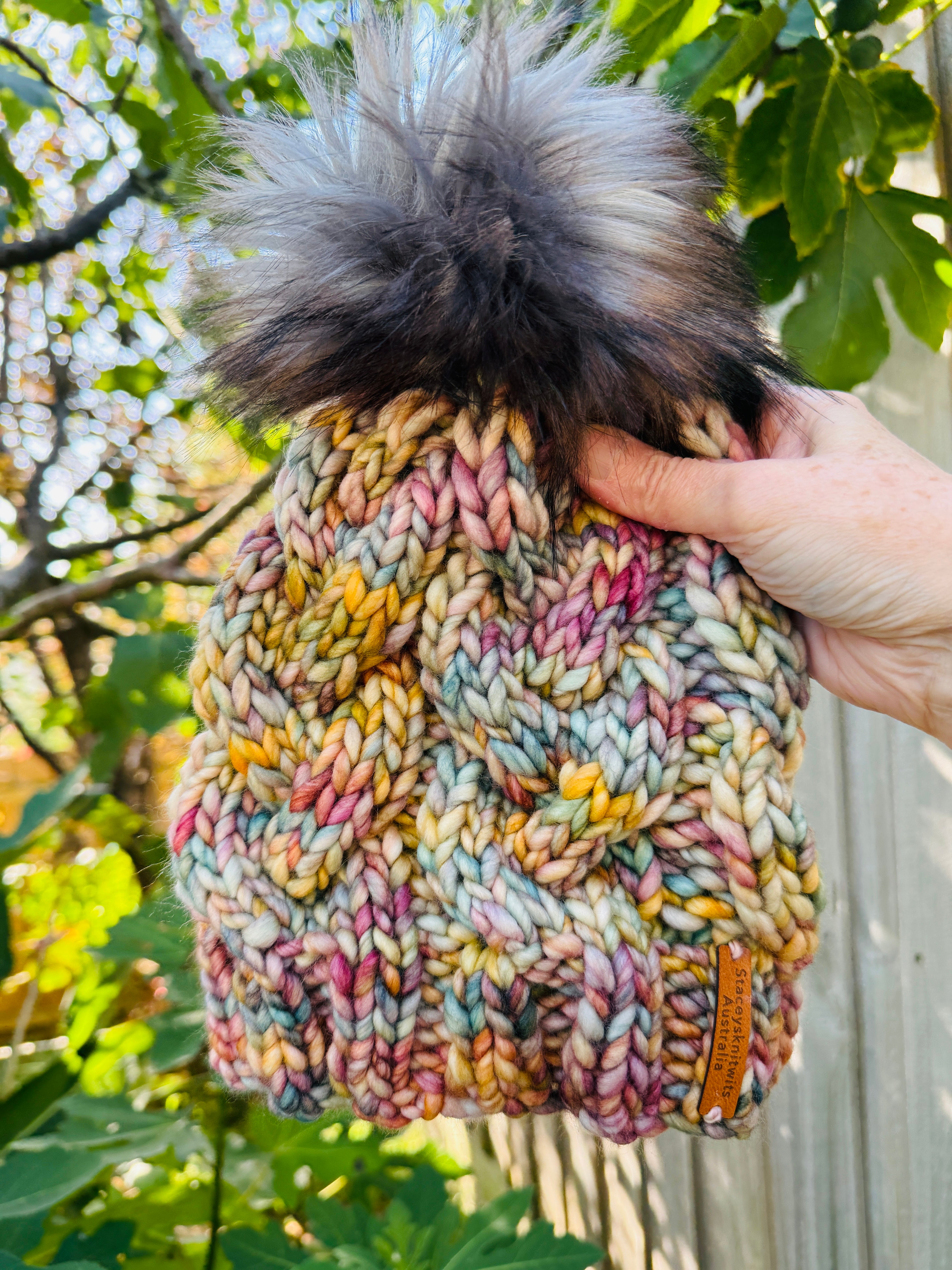 Hand Knitted Beanie, Ladies Merino PomPom Beanie