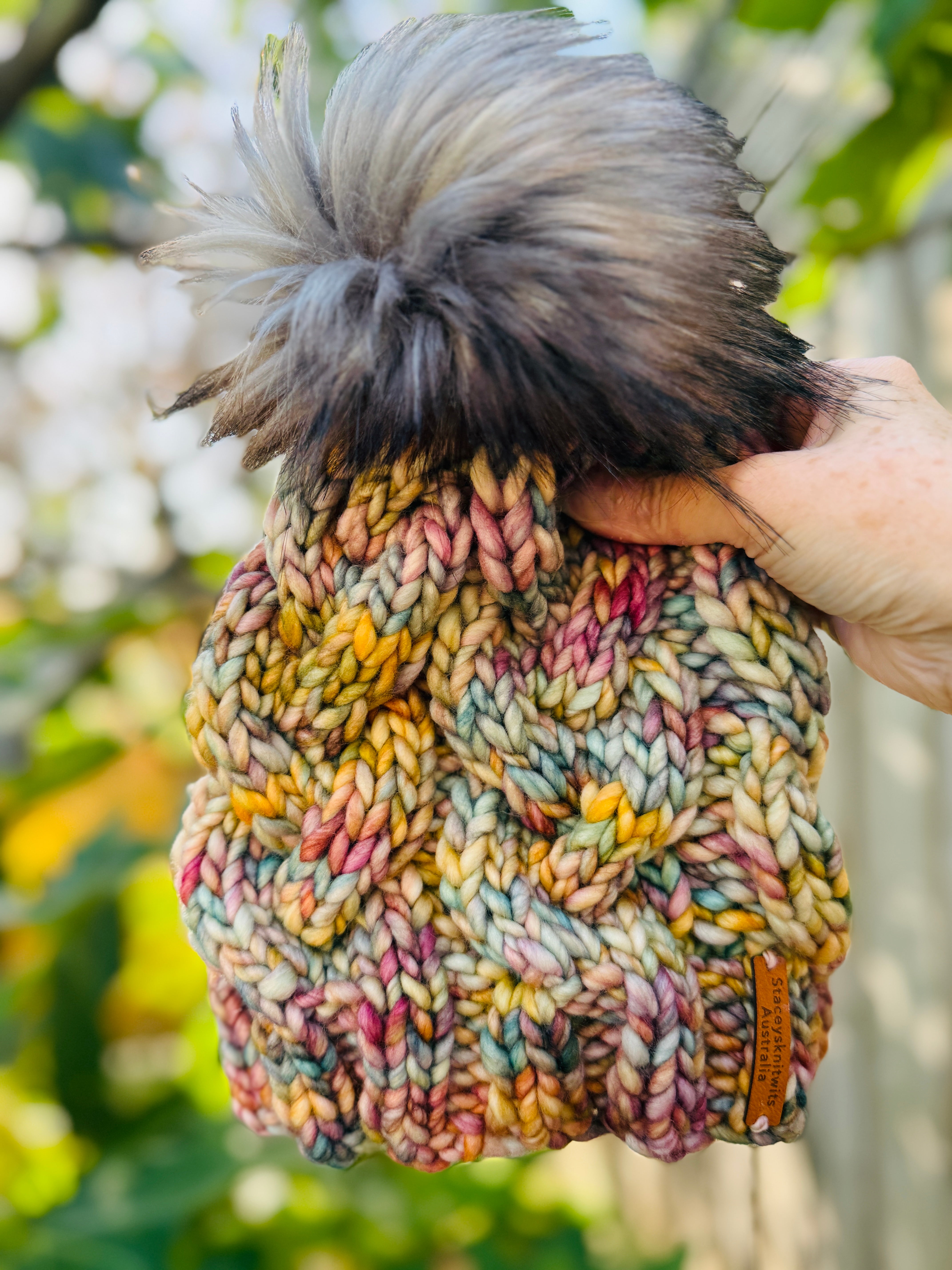 Hand Knitted Beanie, Ladies Merino PomPom Beanie