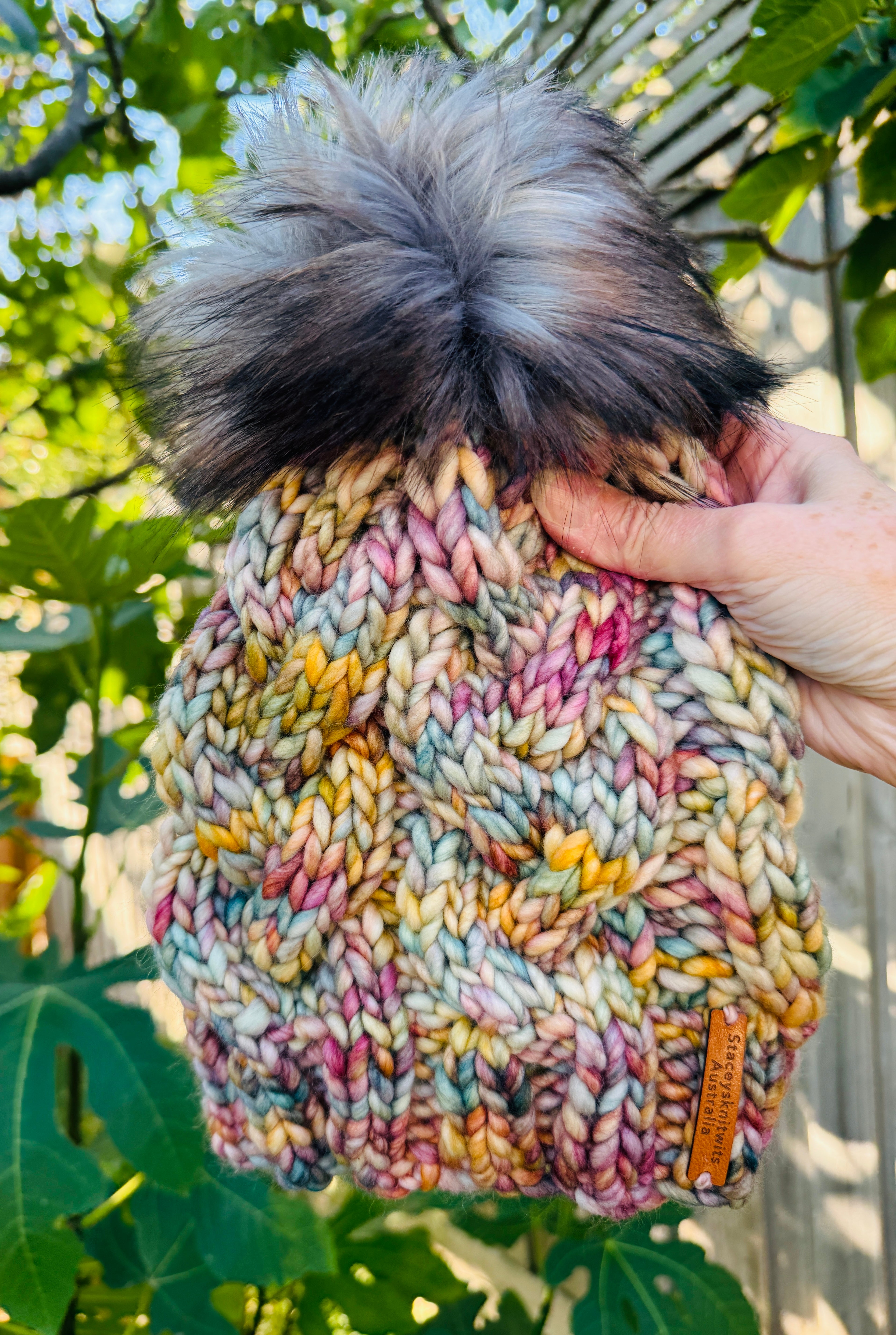 Hand Knitted Beanie, Ladies Merino PomPom Beanie