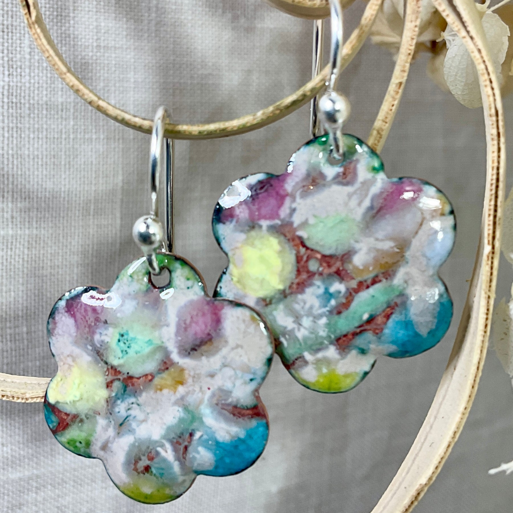 Pastel flowers. Enamel earrings